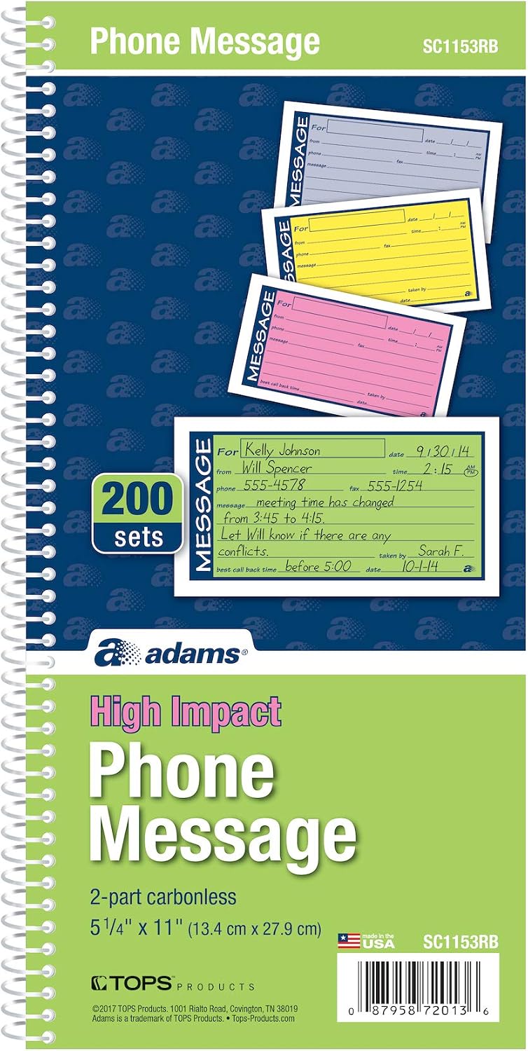 Adams® High Impact Phone Message Book, 2-Part Carbonless, 5-1/4" x 11", 200 Sets per Book (SC1153RB)