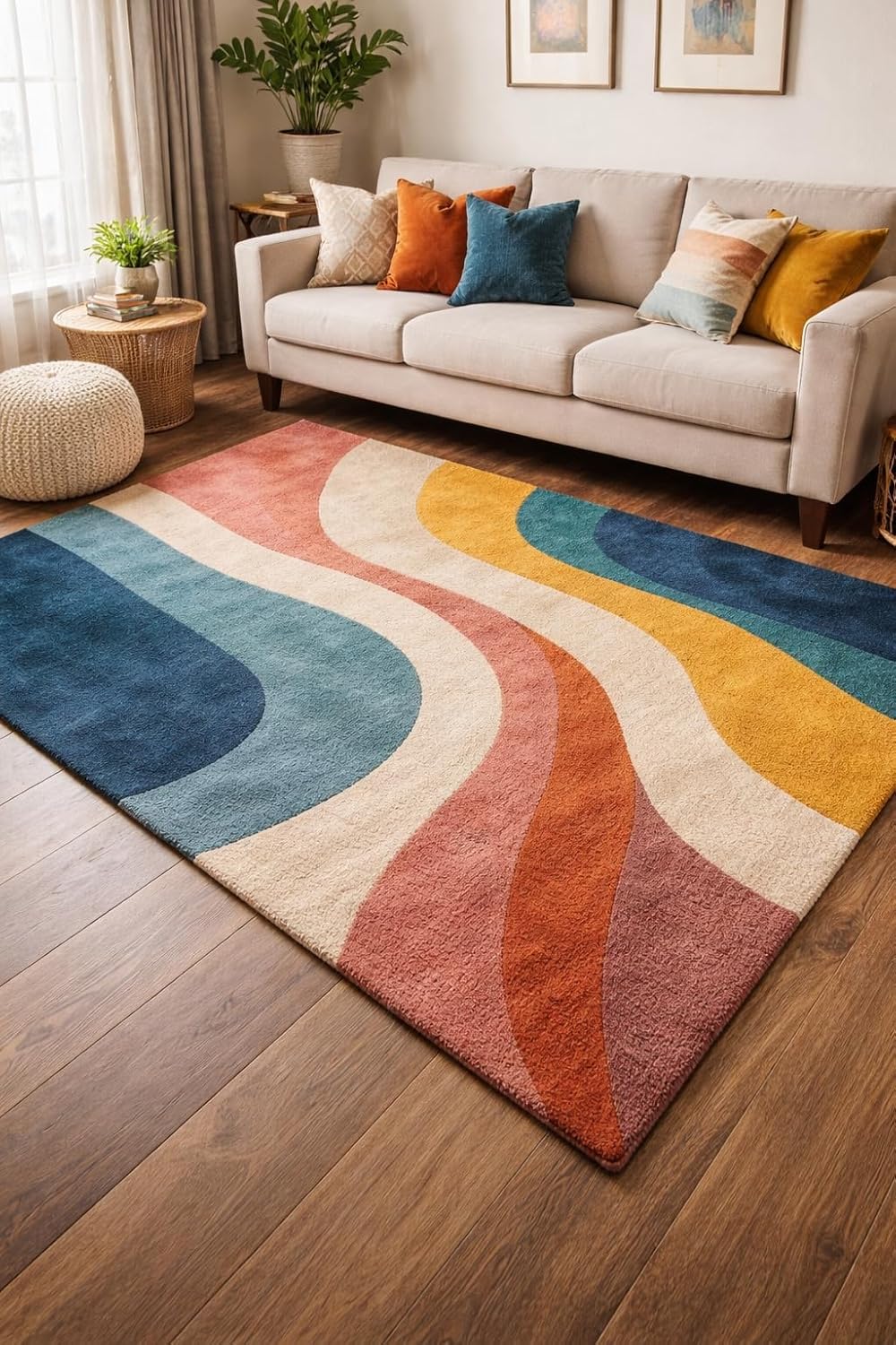Modern Abstract Area Rug, Multicolor Wavy Stripes Pattern, Navy Blue Coral Yellow Teal, Contemporary Home Decor (5 * 5 Round)