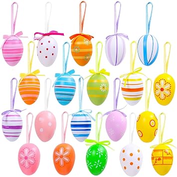 JOYFISCO 24Pcs Easter Hanging Eggs Colorful Easter Ornaments for Tree Decorations Basket DIY Crafts Holiday Party Favors Random Style