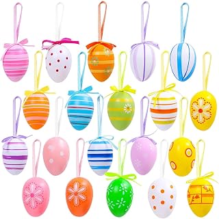 JOYFISCO 24Pcs Easter Hanging Eggs Colorful Easter Ornaments for Tree Decorations Basket DIY Crafts Holiday Party Favors Random Style