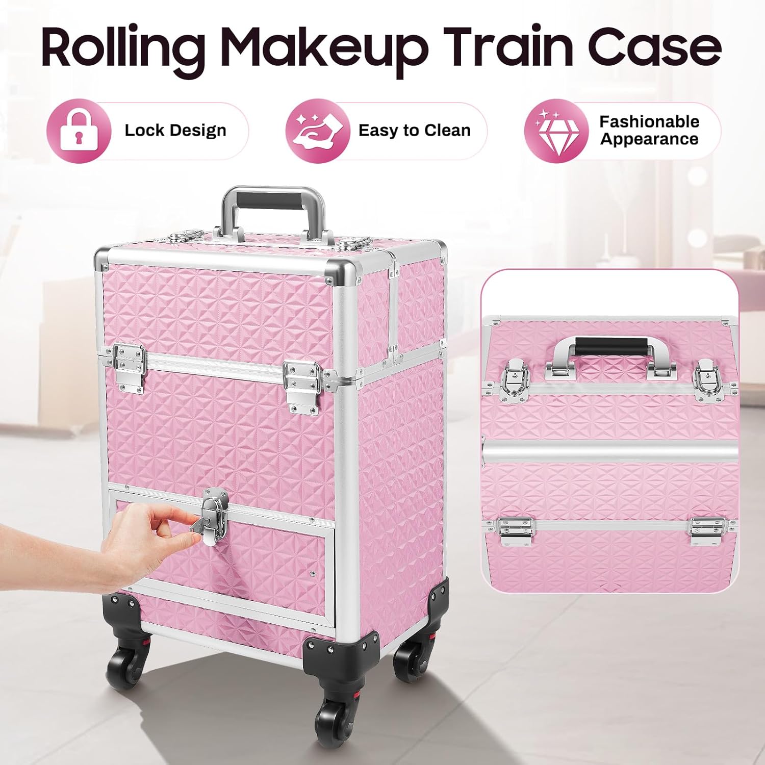 13.4x9.8x18.5in Rolling Makeup Case with Wheels,Five-in-One Makeup Box Load 44.09lbs,Aluminum Alloy Cosmetic Organizer for Hair Stylists,Pet Groomers,Dresser Artists (Pink) - Image 8