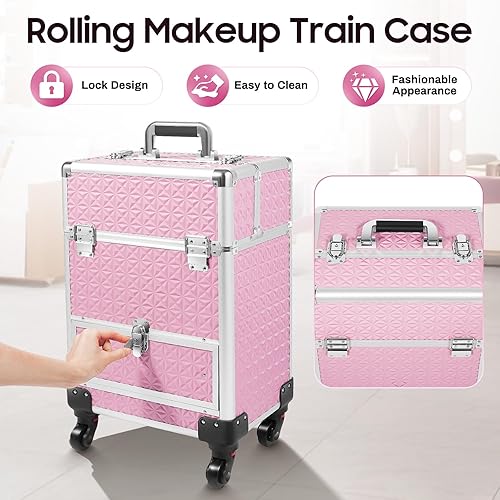 Miniatura 2 de Caja de tren de maquillaje profesional, caja cosmética de aluminio con ruedas para maquillaje de viajearte de uñaspeinado, rosado (13.4*9.8*18.5inch