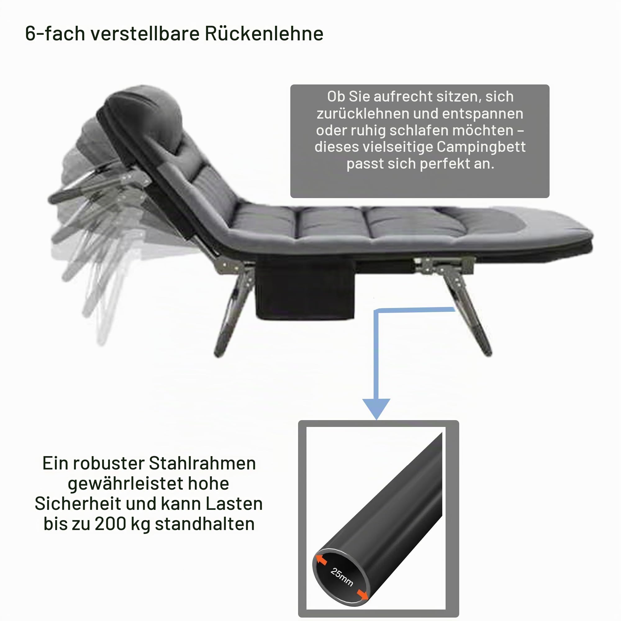 Feldbett Klappbar XXL, Campingbett & Campingliege mit 6-Fach Verstellbarer Rückenlehne, Klappbett mit Matratze, Karpfenliege, 190x65x30 cm, bis 200 kg, Gästebett für Garten, Indoor (schwarz)