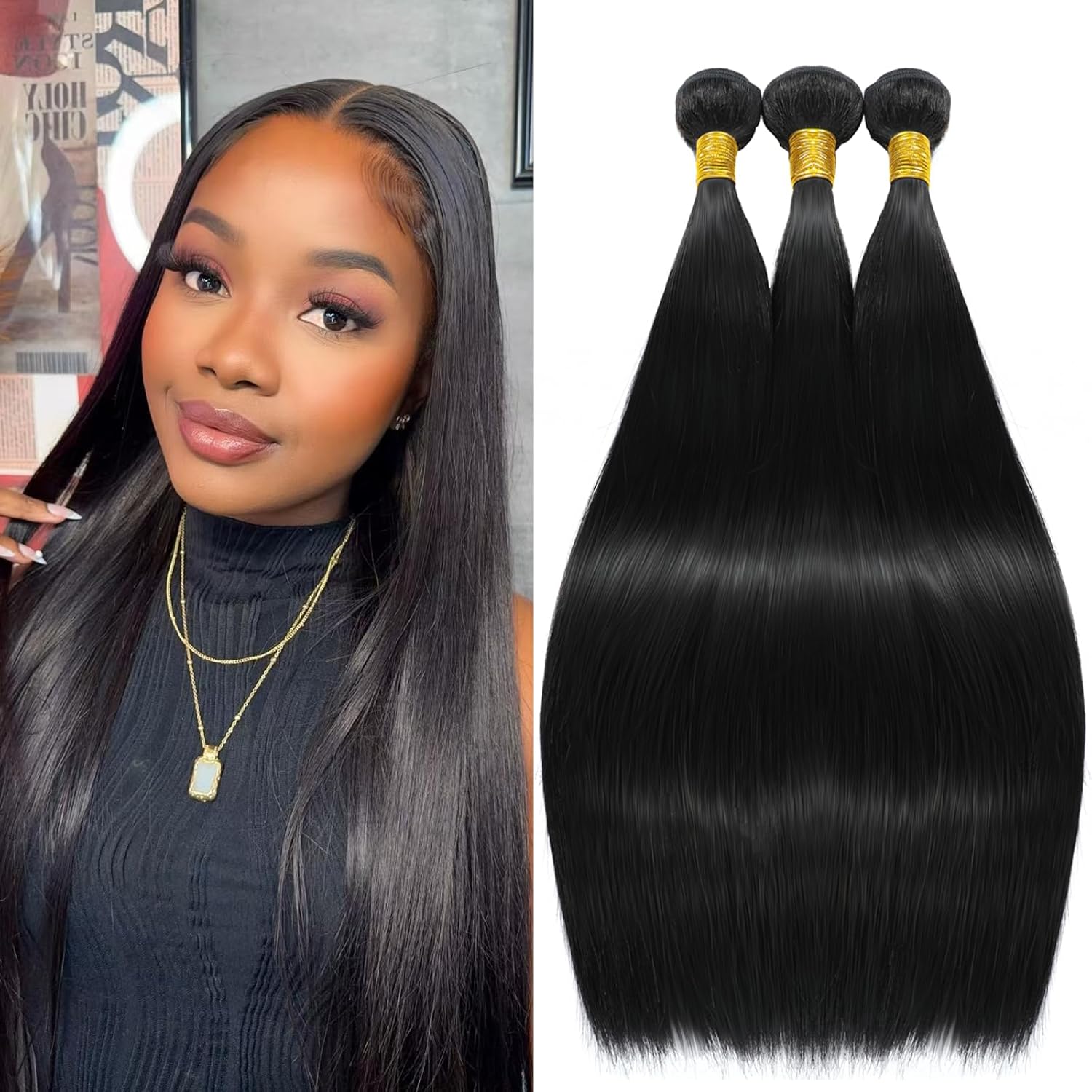 Straight Human Hair Bundles 12A Brazilian Human Hair 3 Bundles 100% Unprocessed Virgin Human Hair Extensions Natural Black Color 12 14 16 Inch