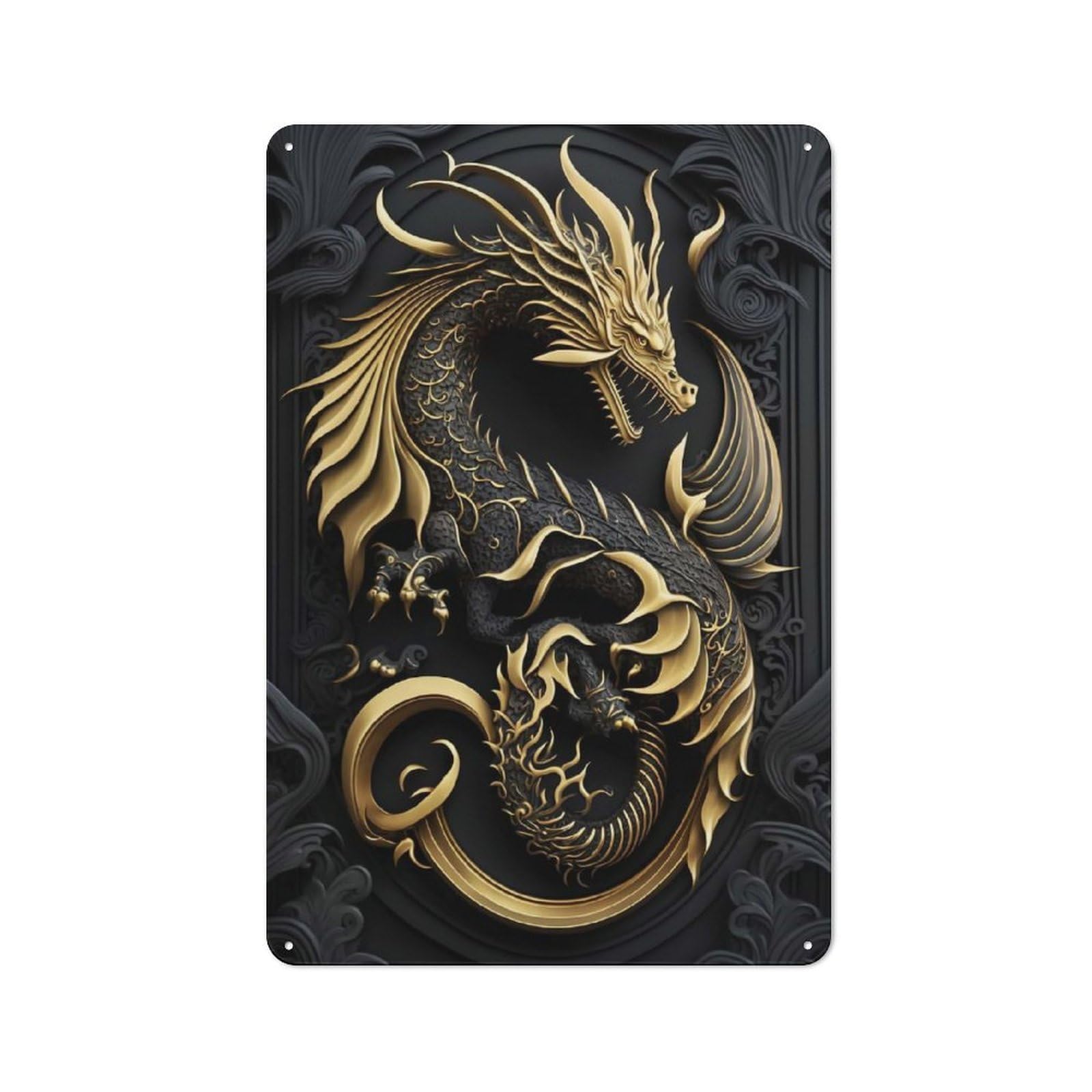 Junmoney Style-6 Emperor Dragon Flame Workshop Style Metal Wall Decor 30X20cm, Decorative Metal Plaque For Garage, Hobby Room, Office Or Man Cave