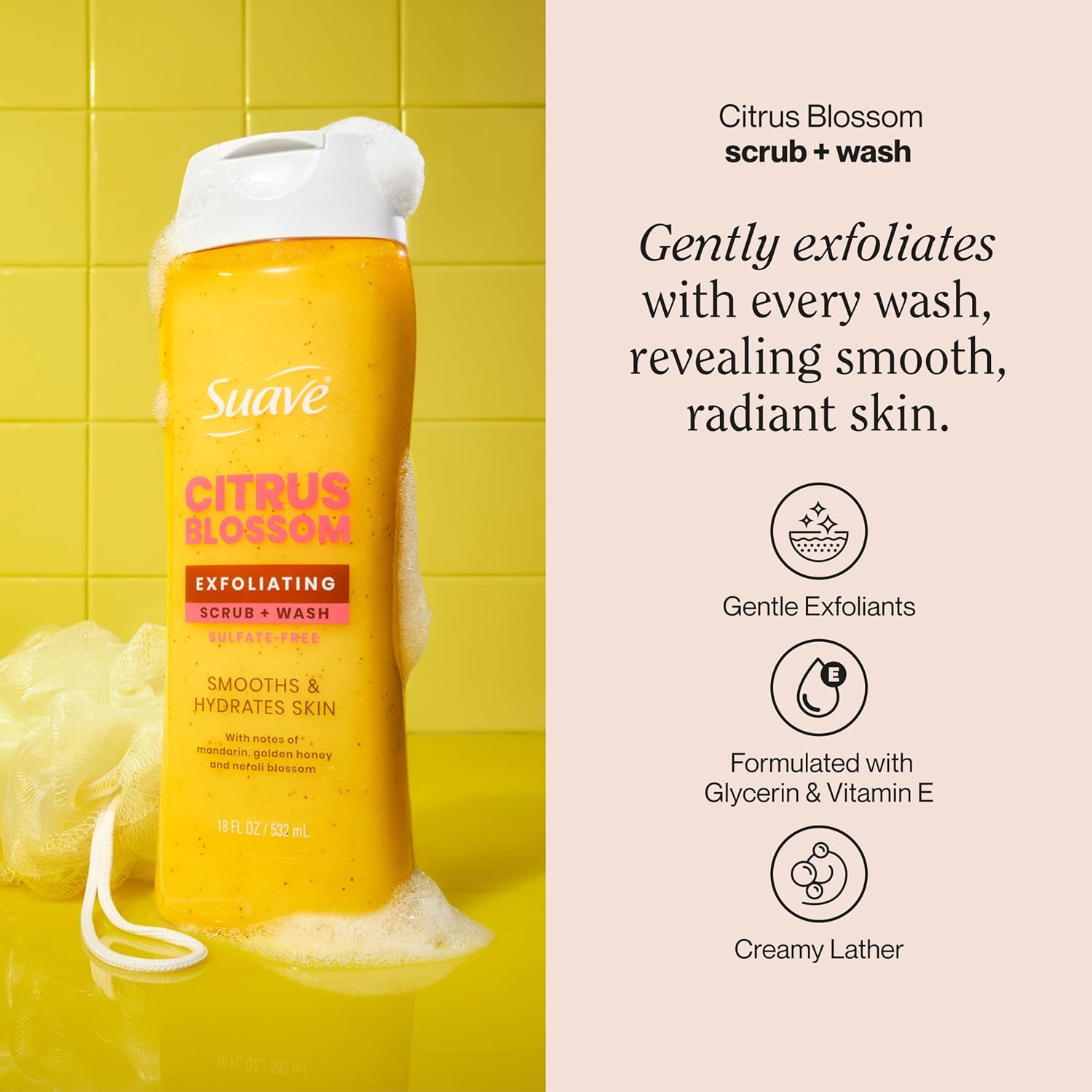 Suave Citrus Blossom Exfoliating Body Wash & Scrub with Glycerin & Vitamin E, Sulfate-Free Hydrating Cleanser for Soft, Smooth Skin, 6 Count, 18 FL OZ