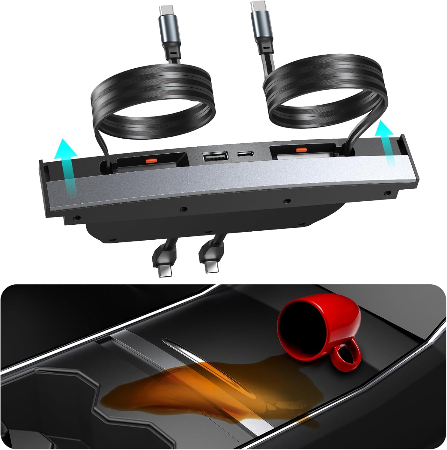 Upgrade Tesla USB Hub for Tesla Model 3&Y Waterproof – 4Ports Fast Chargr for Model Y/3 Accessories 2023 2022 2021 Retractable Docking Station, 2 Type-C Fast Charging Cables (Not Fit Model 3 2024)