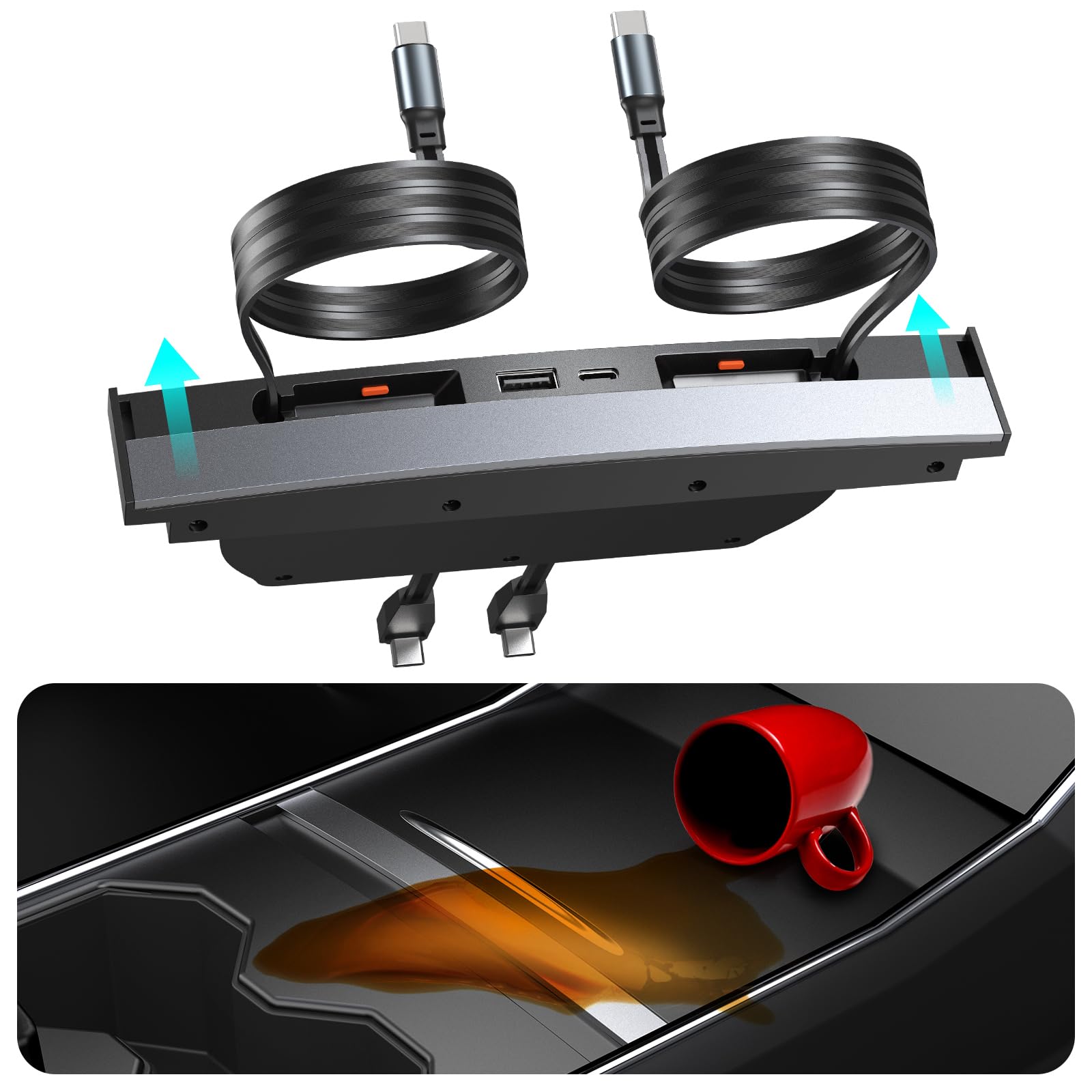 Upgrade Tesla USB Hub for Tesla Model 3&Y Waterproof - 4 Port Fast Charger for Model Y/3 Accessories 2022 2021 Retractable Docking Station with 2 Type-C Fast Charging Cables (Not Fit Model 3 2024)