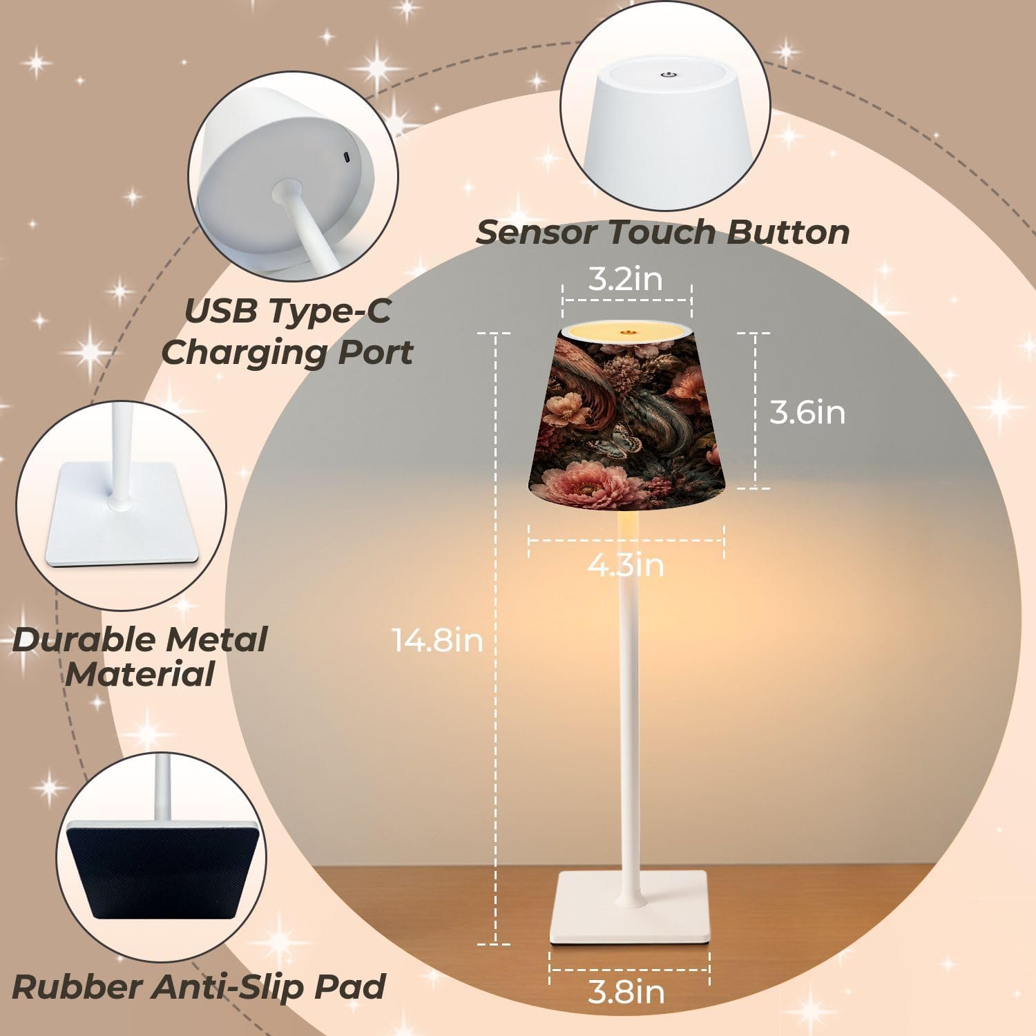 Mahjong Cordless Table Lamp Elegant Vintage Floral Birds Butterflies Dark LED Desk Lamps Rechargeable 3 Color Dimming Outdoor for Mah Jong Table Nightstand Living Room Gift image 3
