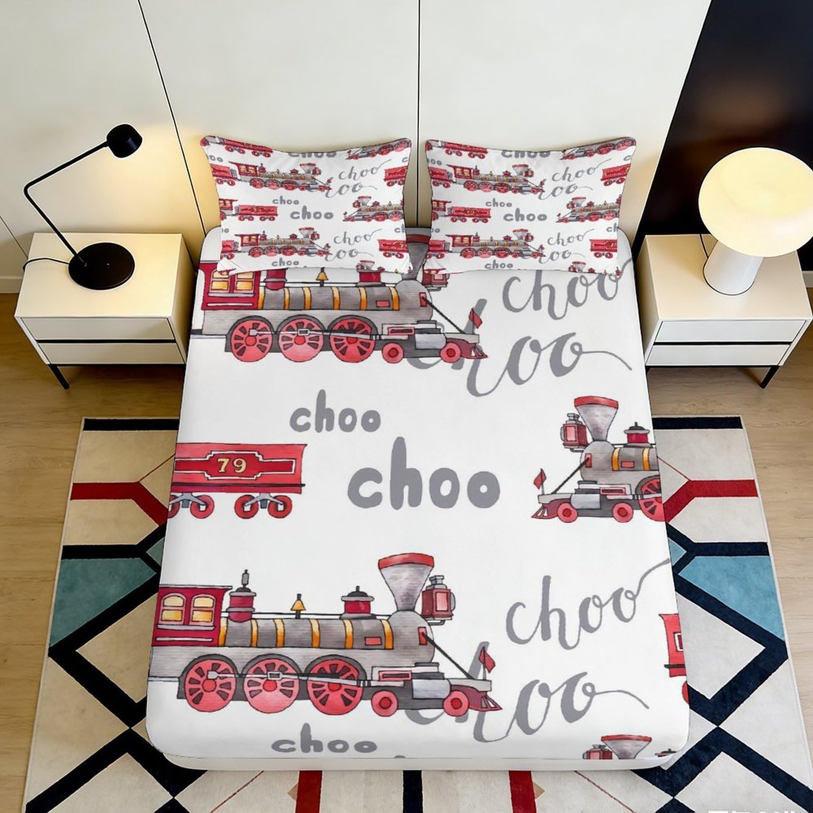 3D Printed Steam Train Pattern Fitted Sheet Microfiber Anti-Slip Red Locomotive Bed Cover for Bedroom Dorm 140x200x25cm