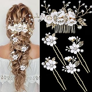 5 PCS Bridal Flower Wedding Hair Pins Crystal Pearl Hair Clips Headpiece Gold Wedding