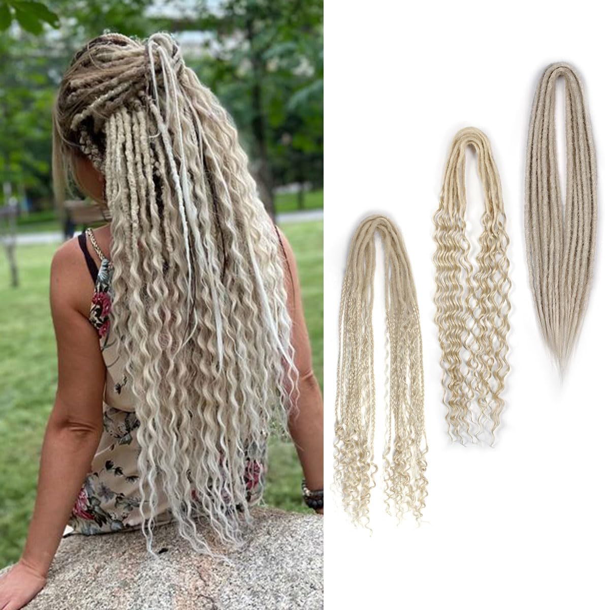 24 Inch Double Ended Dreadlock Extensions Sets, 20 Strands 3 In 1 Mixed Synthetic Dreads Extensions, 613 Blonde Straight&Curly&Boho Handmade Dreads Hippie Style Dreadlocks for Woman