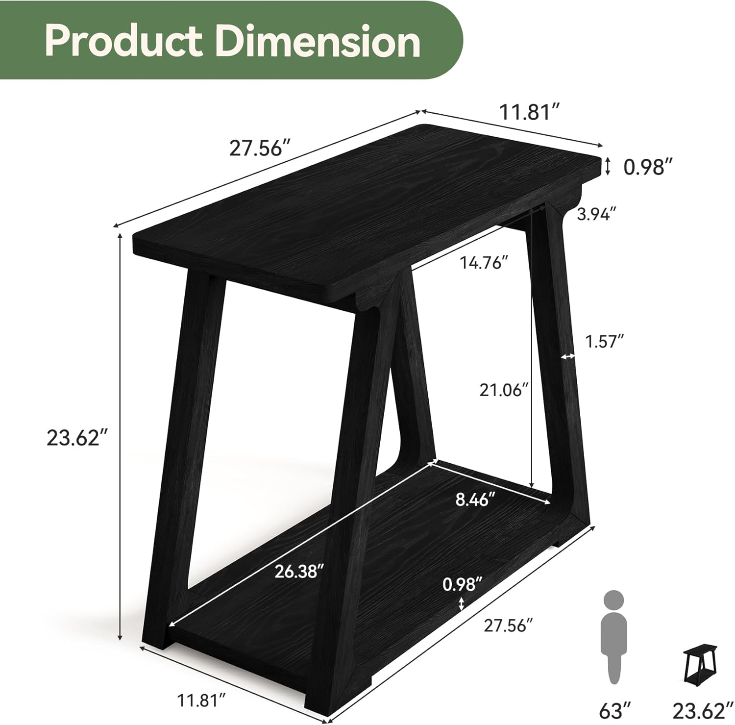 2-Tier Solid Wood End Table, Narrow Side Table, RectangleFarmhouse Nightstand for Living Room, Bedroom, Easy Assembly, Trapezoidal Base (1, Black)