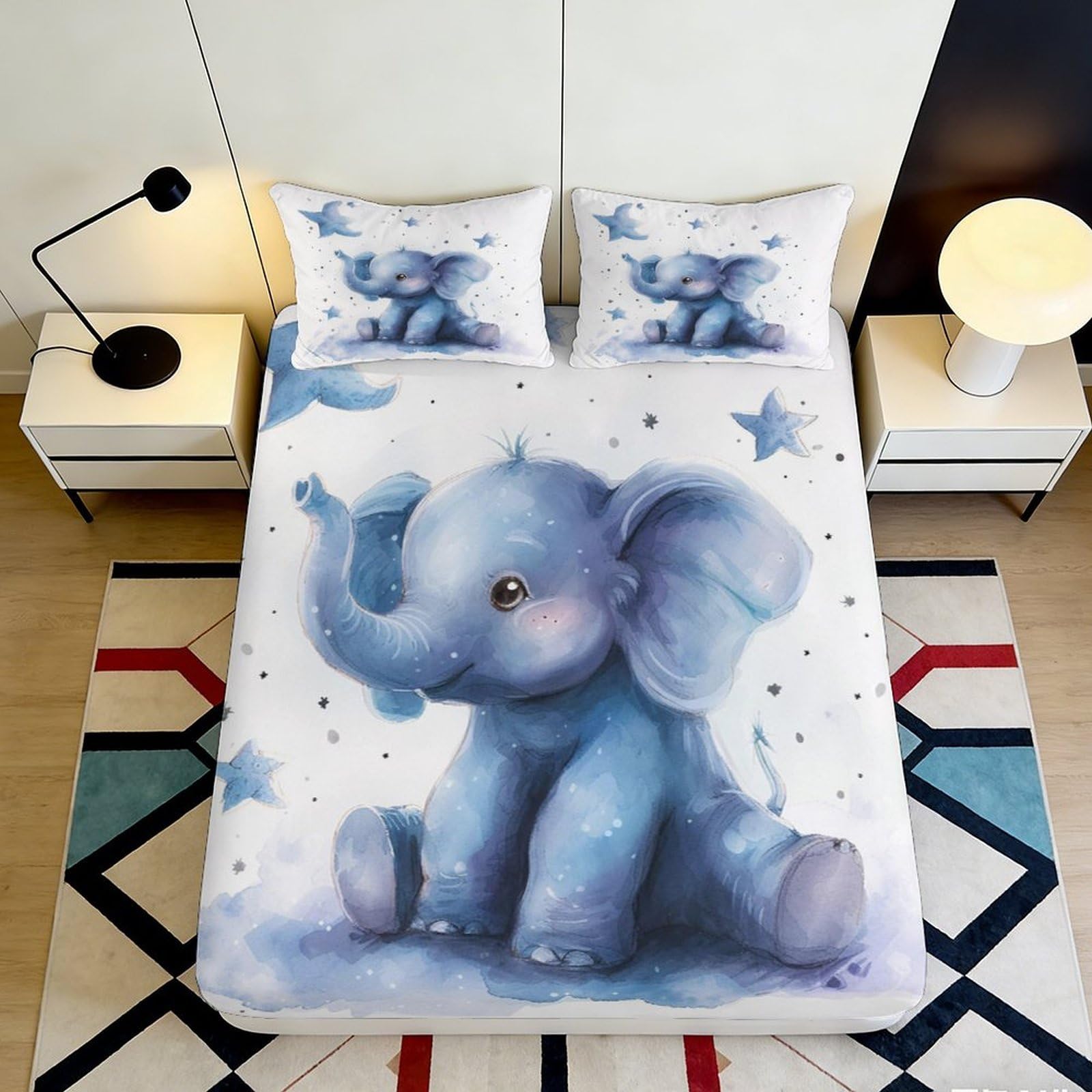 3D Printed Blue Elephant Fitted Sheet Microfiber Soft Breathable Star Dream Mattress Cover for Bedroom Guest Room Decor 120x200x25cm