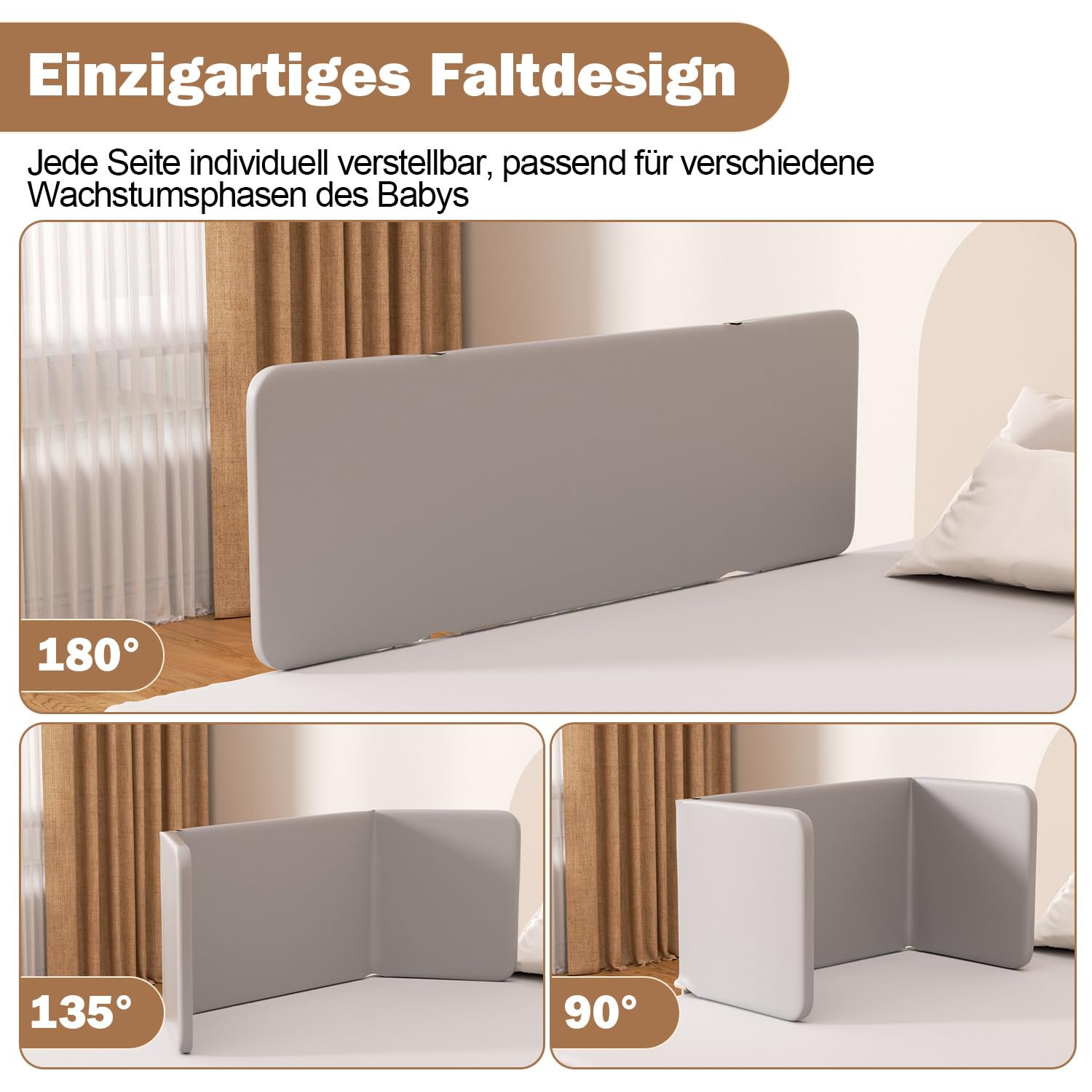 Rausfallschutz Bett 180cm, Tragbare Bettgitter Höhenverstellbar | Klappbares Bettgitter mit 2 Sicherheitsgurten und Tasche für Kinderbett, Elternbett und Boxspringbett, Werkzeuglose Montage
