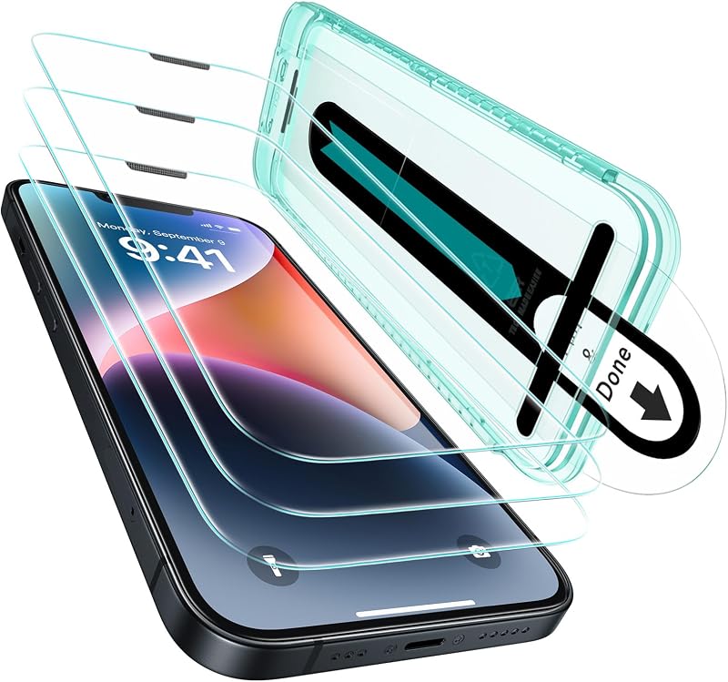 ESR Paquete de 3 protectores de pantalla para iPhone 14 Plus/13 Pro Max, bandeja FlawlessFit | Grado militar irrompible, vidrio templado 9H, resistente a arañazos, protección de cobertura total, fácil instalación, HD transparente