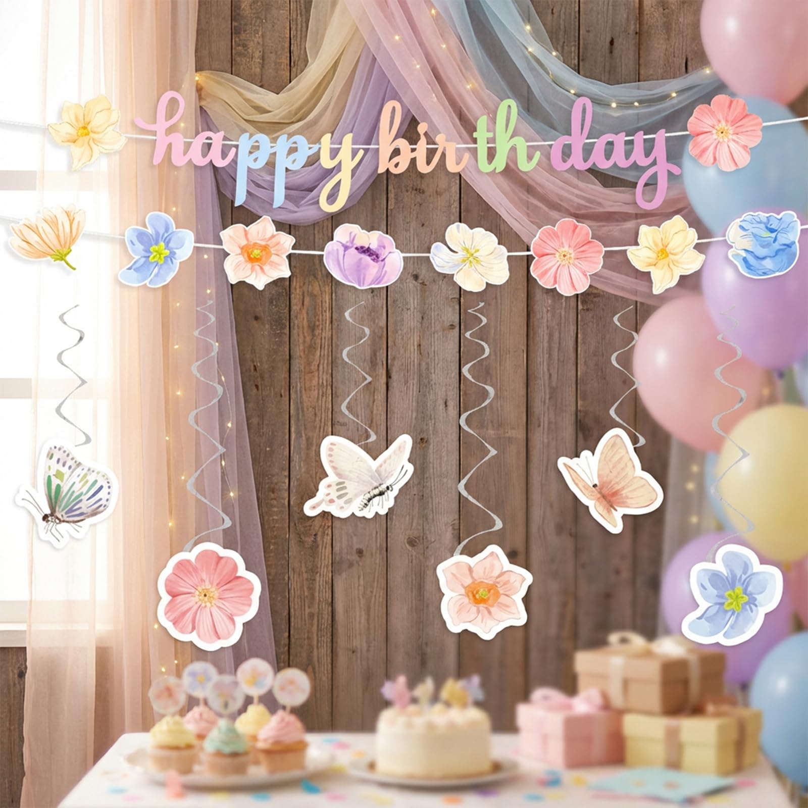 Floral Birthday Banner with Butterflies - Romantic Party Decorations for Women, Girls - Includes Happy Birthday Letters & Hanging Swirls - Easy to Install Paper Garland (3pcs)