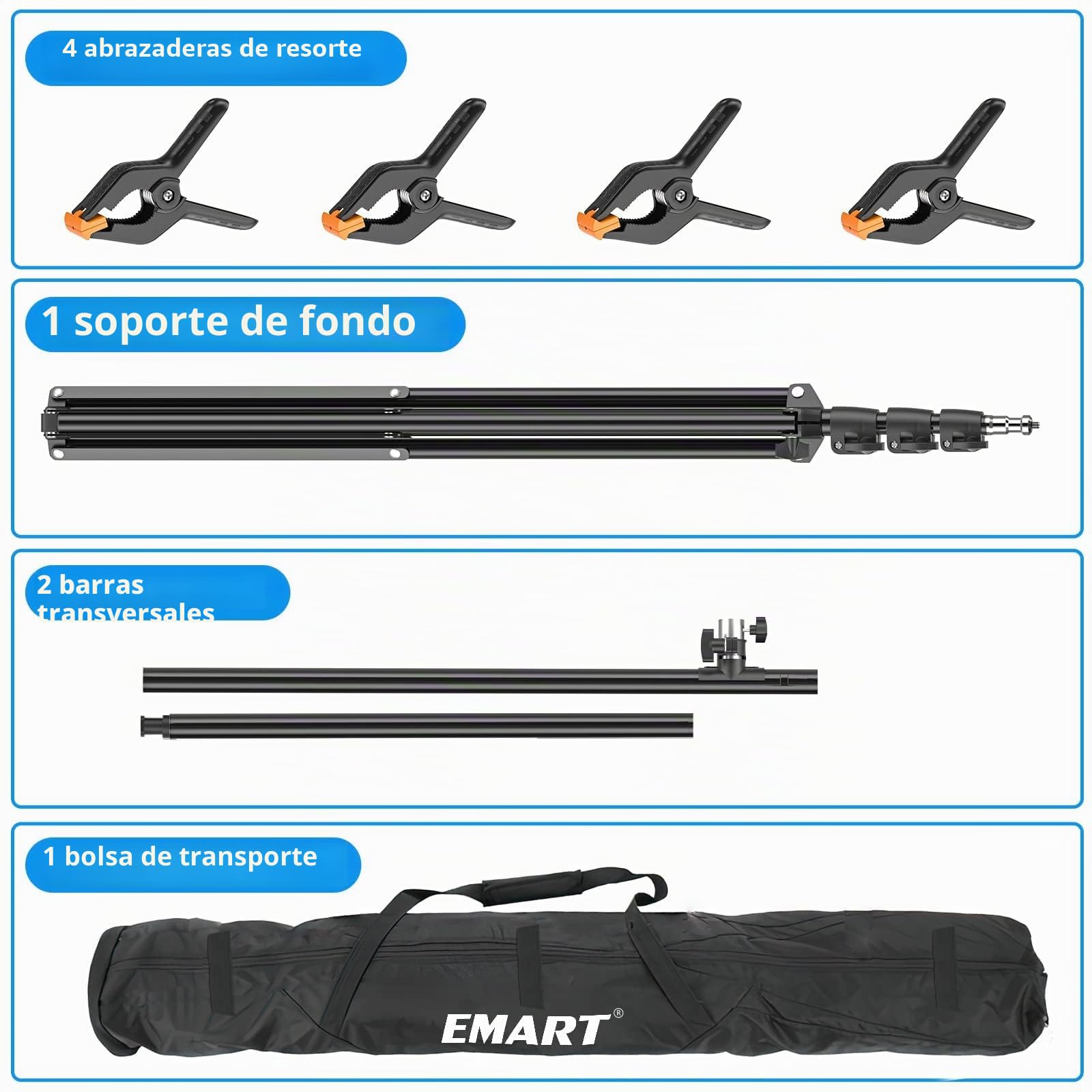 EMART Soporte de Fondo 1,5x2,6m en Forma T con 4 Pinzas de Resorte y 1 Bolsa de Transporte para Estudio de Video, Fotografía