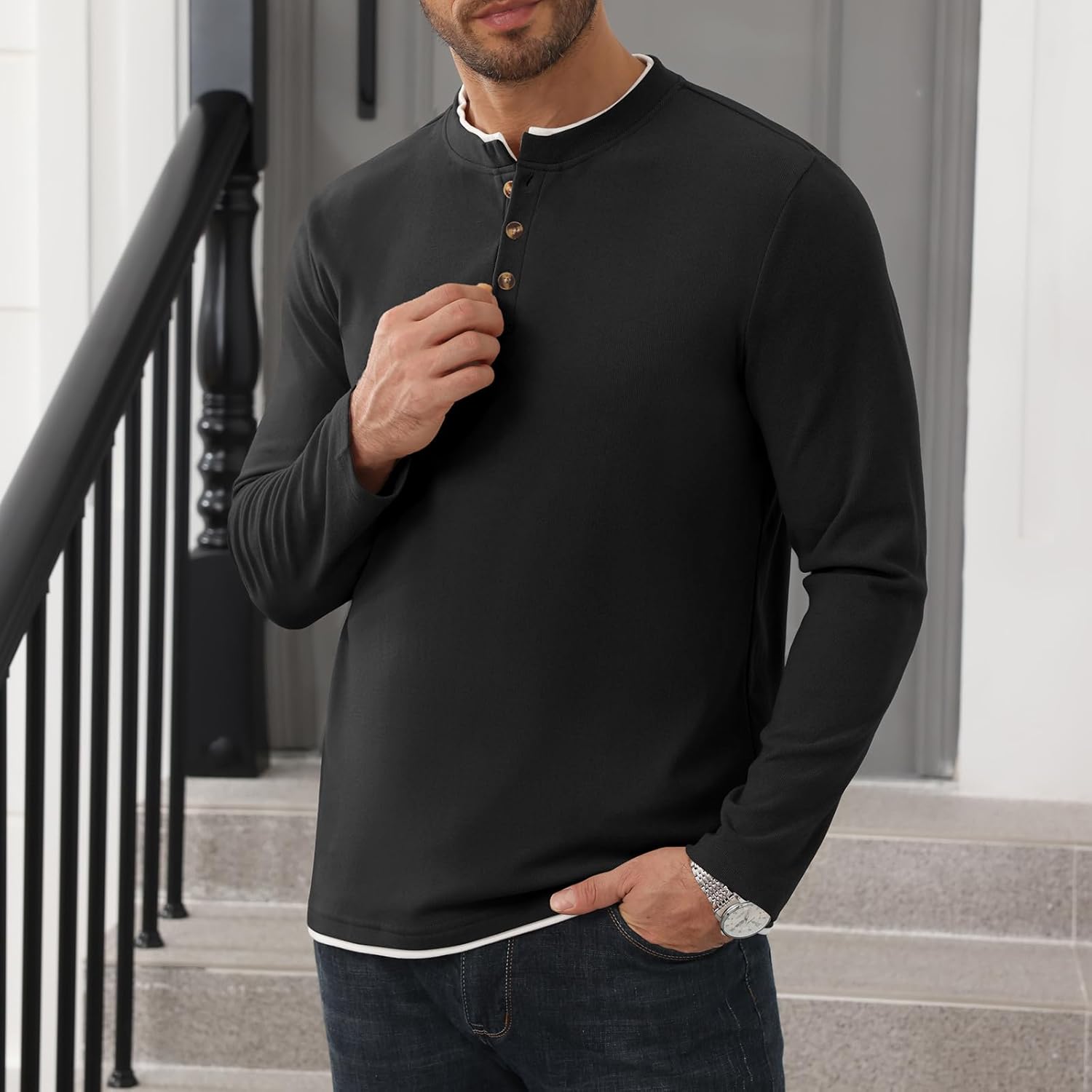 Uni Clau Men's Henley Shirts Classic Button T-Shirt Long Sleeve Casual Thermal Pullover Shirt - Image 5