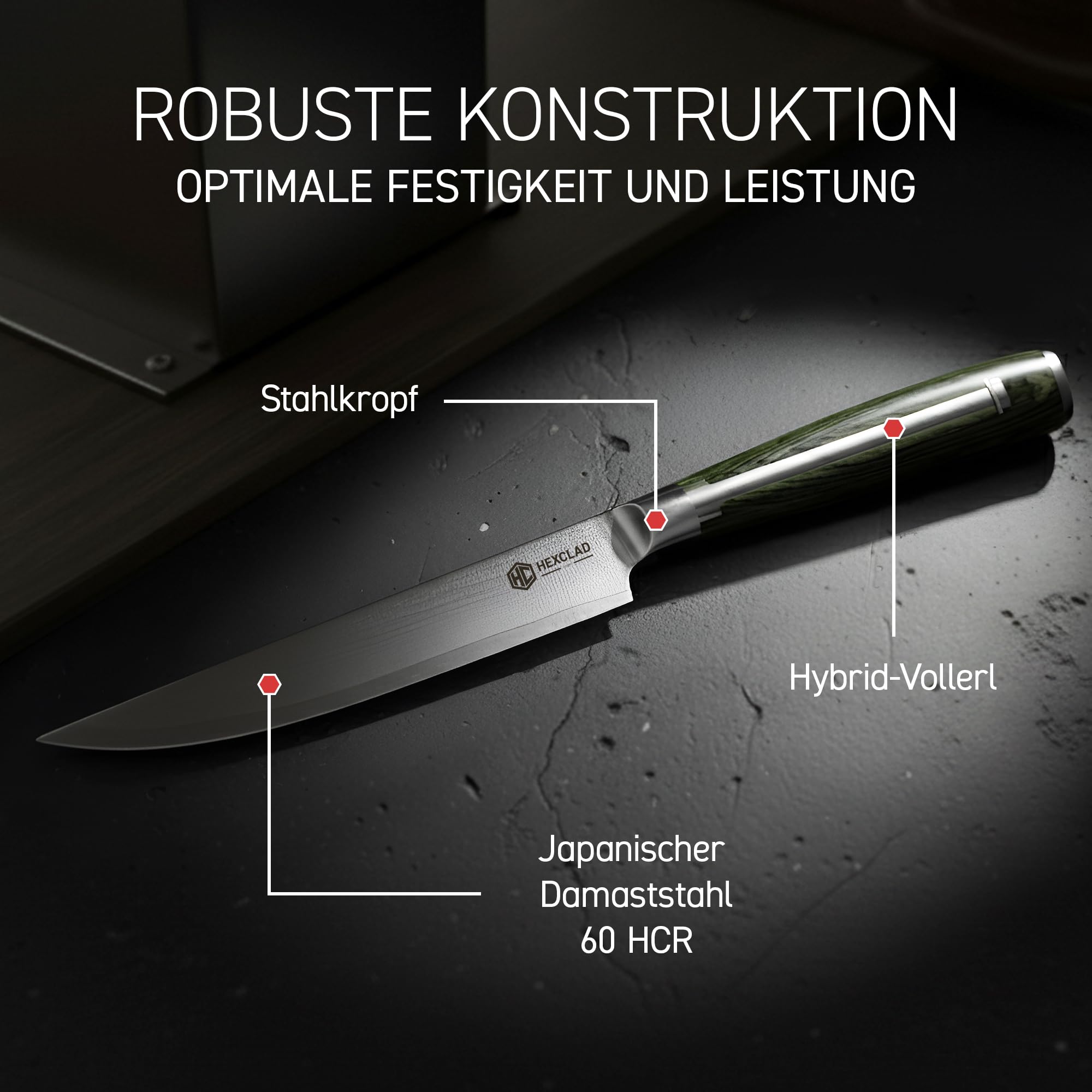 HexClad Essential Damastmesser Set 6-teilig – Küchenmesser aus 67-lagigem Damaststahl – Scharfe japanische Messer mit Pakkaholzgriffen – Vollerl-Konstruktion & Wetzstahl – Profi Küchenmesser Set