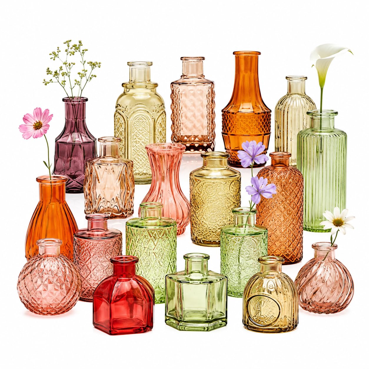 Glass Bud Vase Set of 42, Coloured Vintage Mini