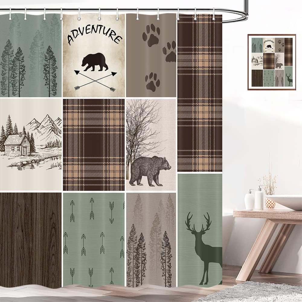 Cabin Retro Rustic Lodge Shower Curtain, Bear Deer Country Hunting Wild Animal Fabric Shower Curtains, Plaid Check Adventure Bathroom Curtain Liner with Hooks 69x70inches