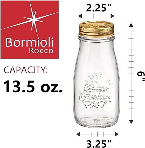 Miniatura 2 de Bormioli Rocco Quattro Stagioni, frasco de cristal para enlatado y botella de bebida, 13.5 Oz. con tapa hermética de metal dorado, hecho en Italia.