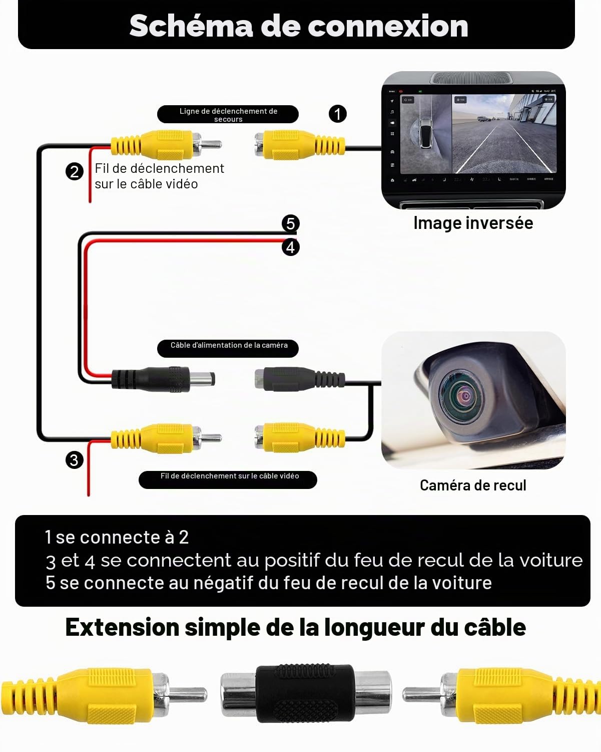 6M Cable Camera de Recul Double Blindage Amélioré pour Connecter Un Moniteur et Caméra de Recul, Vidéo Cable Rallonge Male Male avec 1 Adaptateur RCA Femelle Femelle et 1M d'alimentation DC Extension
