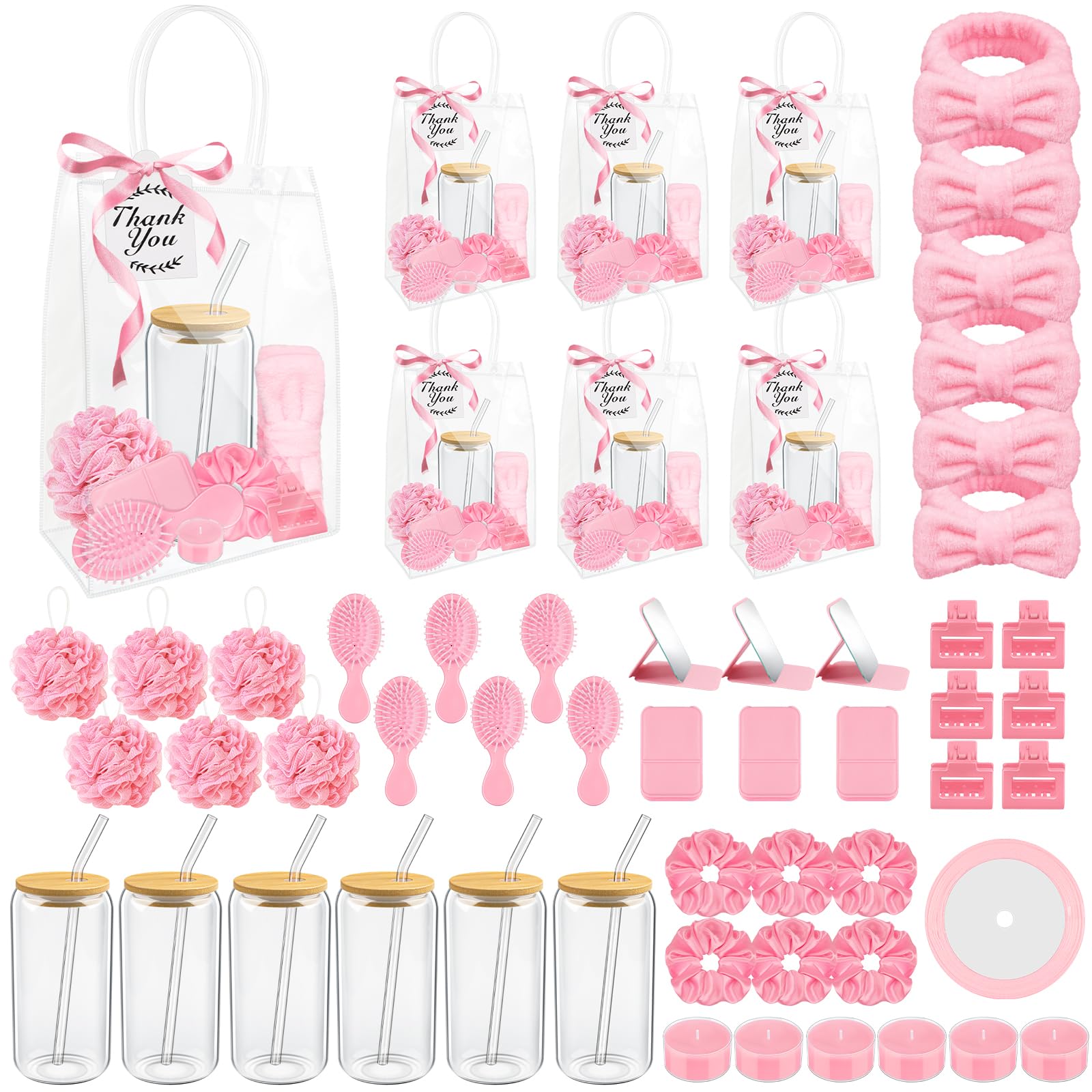 6 Sets Baby Shower Game Prizes for Baby Shower Winners with Cup Comb Makeup Mirror Hair Band Clip Tea Candle Hair Band Bath Ball Label Ribbon Gift Bag