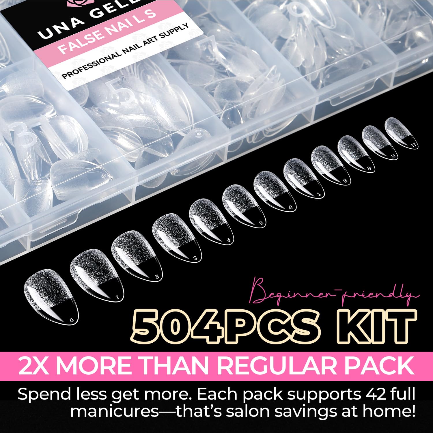 UNA GELLA Kurze Mandel Nail Tips, 504 Stück 12 Größen Nageltips für Gelnägel Soft Gel Tips Full Cover Nagelspitzen für Acrylnägel, Nagelkunst & DIY Nagelstudio zu Hause