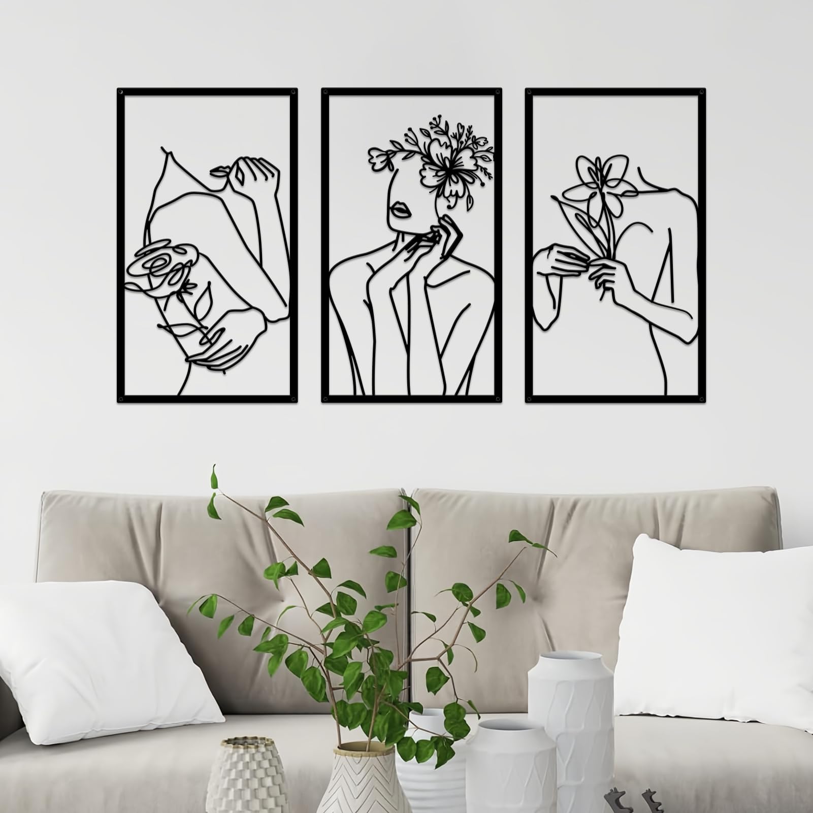 ESTART 3 Pieces Metal Minimalist Abstract Woman Wall Art Line Drawing Wall Art Decor Single Line Female Flower Wall Art Home Hanging Wall Decor for Bedroom Bathroom Living Room Kitchen