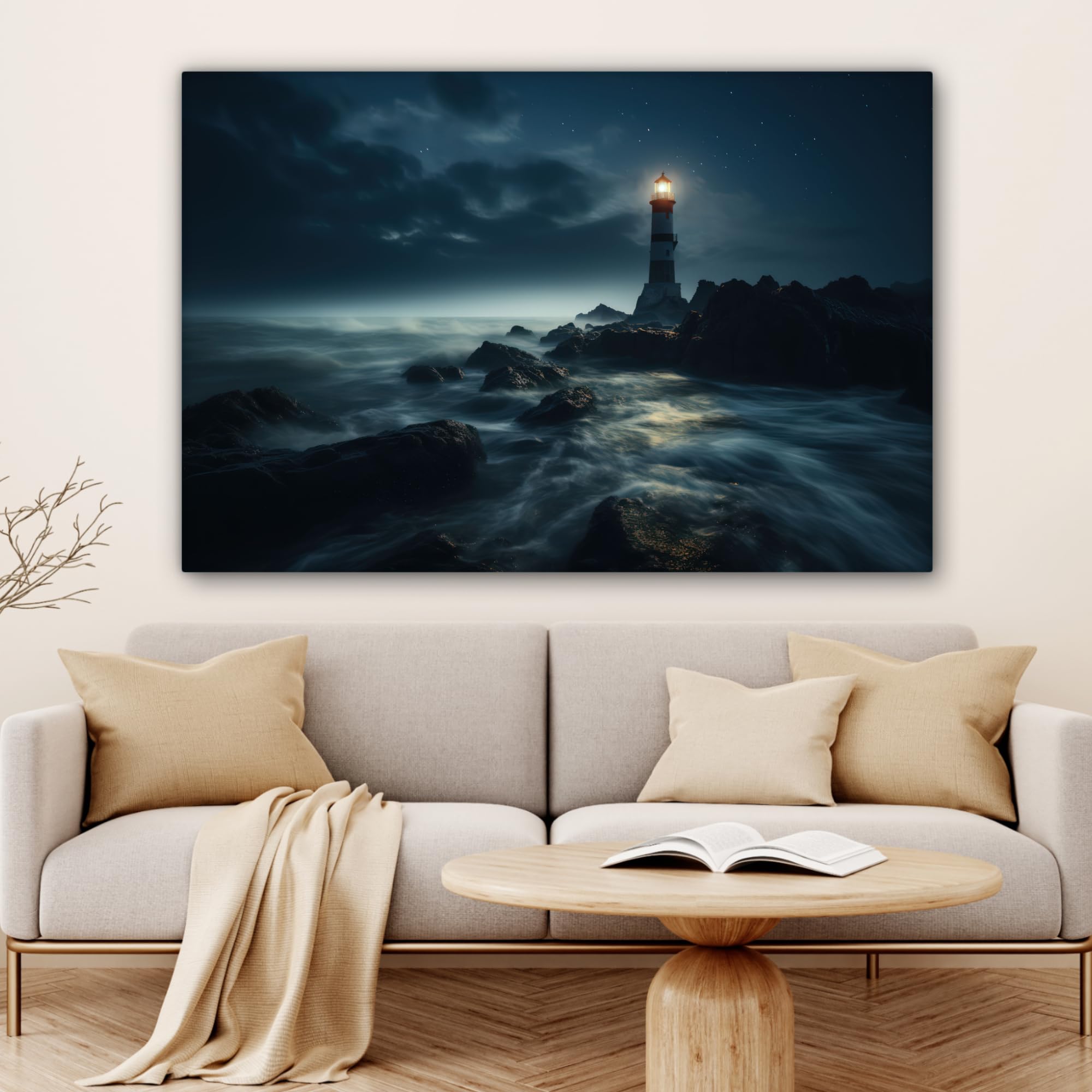 MuchoWow© Cuadros Salon Modernos 120x80 cm Adornos Pared Decorativos Dormitorio Lienzo Pinturas Quadro Decoración Marinas - Marineros - Faro - Mar - Niebla - Rocas - Marinera - Paisaje