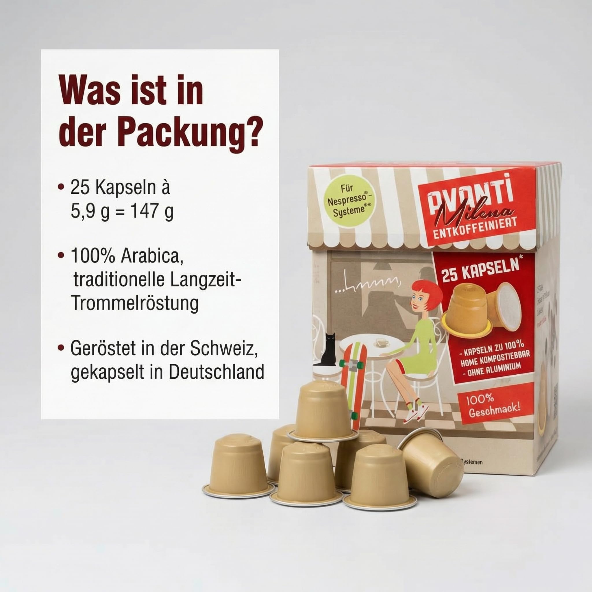 100 Stück AVANTI Entkoffeinierte Nespresso**-kompatible Kaffeekapseln – Espresso Milena, Swiss Water Process, 100% Arabica, 100% home-kompostierbar & ohne Aluminium, geröstet in der Schweiz