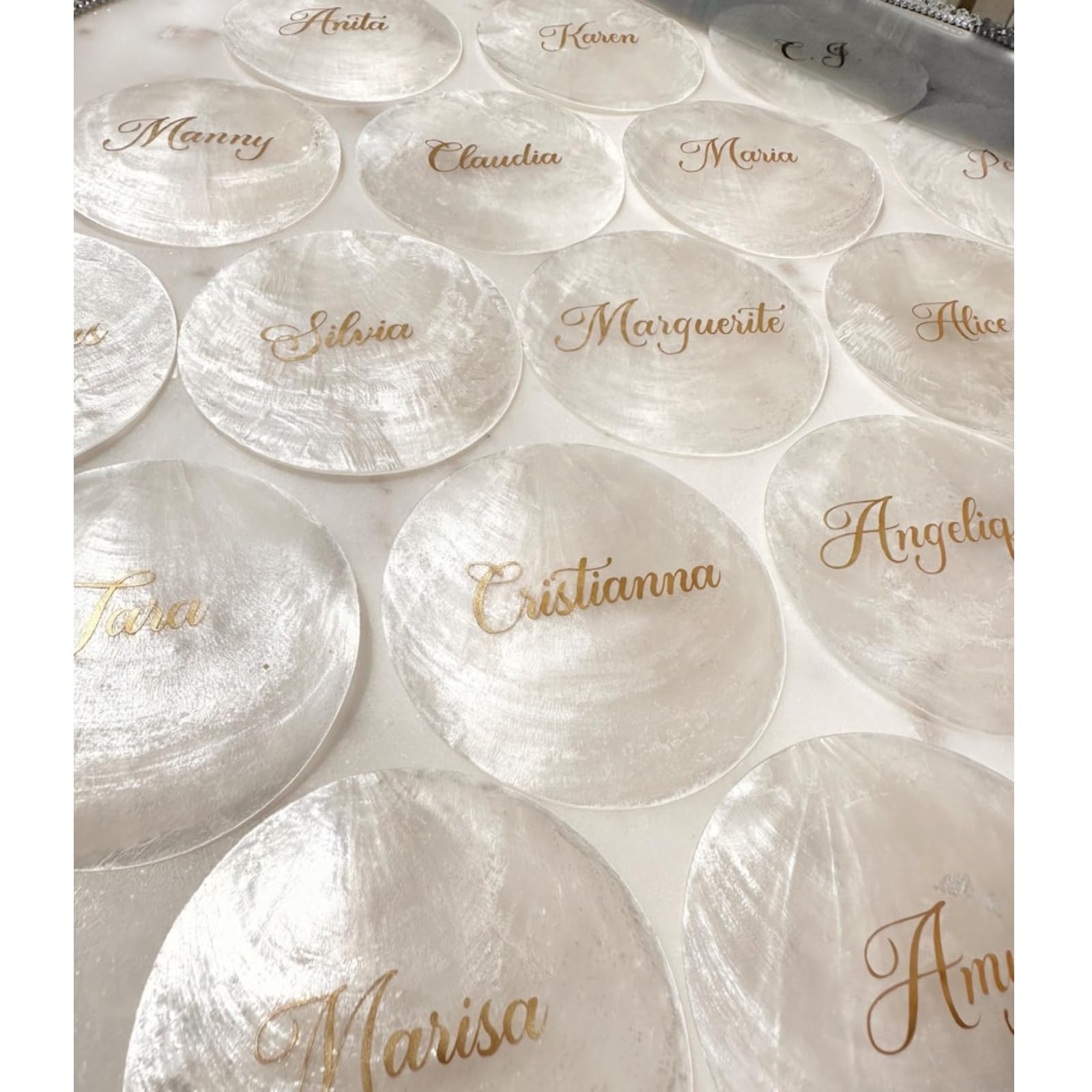 Lot de 100 marque-places personnalisés en forme de coquillage pour décoration de table, marque-places de mariage, cadeaux de table pour anniversaire, mariage, remise de diplôme