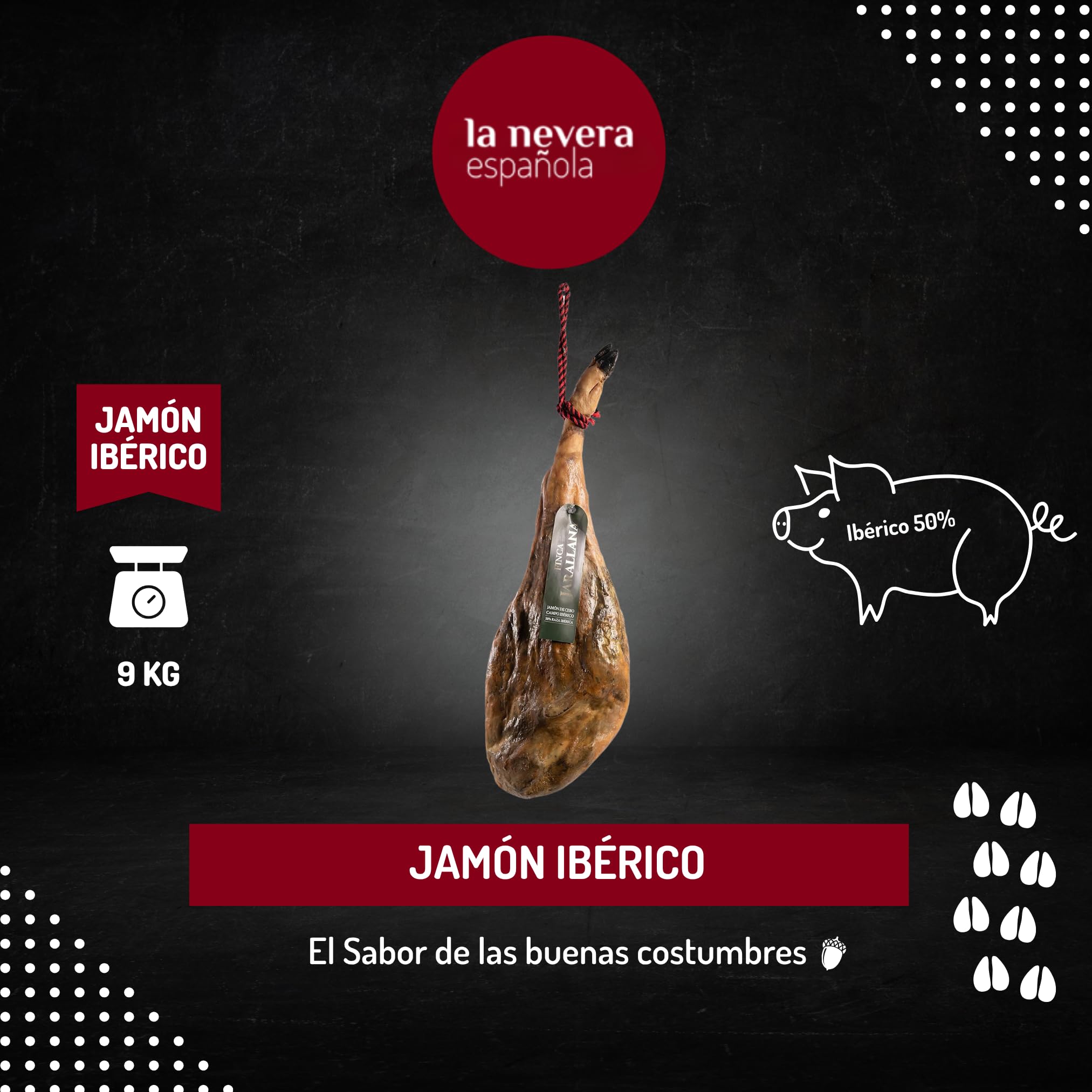 Finca Jarallana - Jamón de Cebo Campo 50% Ibérico - Pieza de 9 kg con Secado Natural y Curación +36 meses - Cerdos de Raza Ibérica