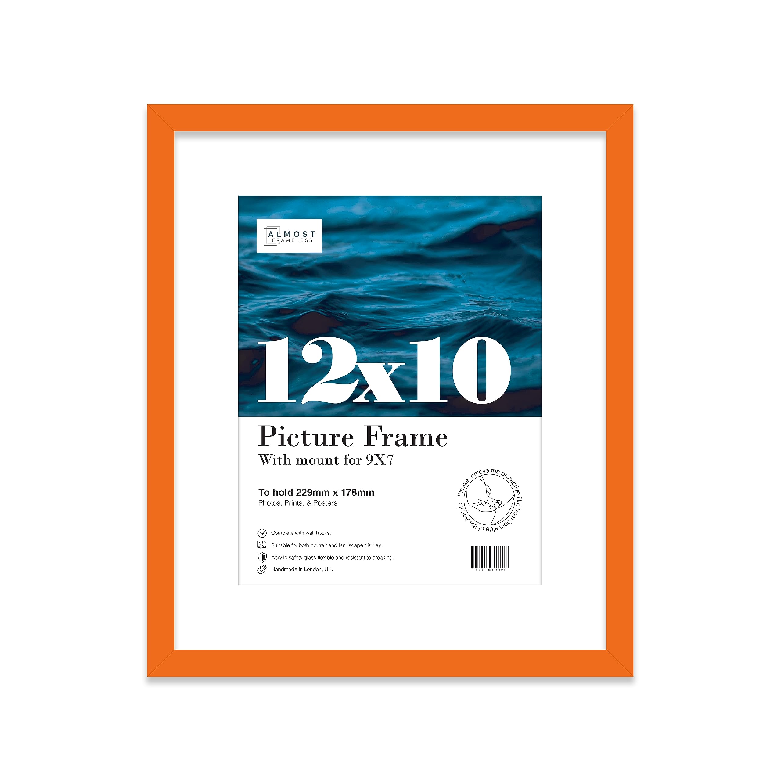 Almost Frameless 12x10 Orange Picture Frame With Mount for 9x7 Print, Poster or Photo Poster, Photo, Artwork, or Print. Thin Edge Slim Frame Portrait and Landscape Display with Wall Hooks