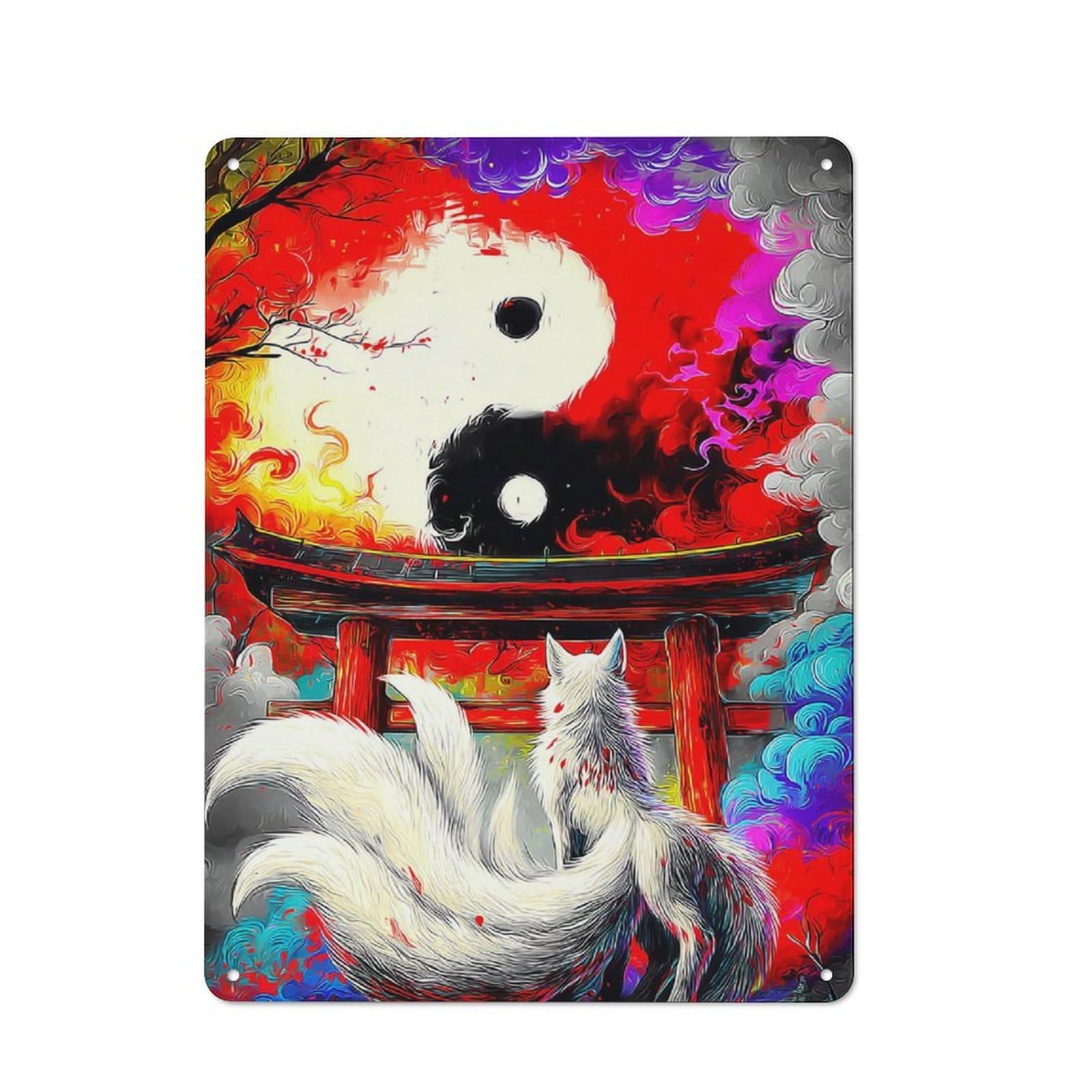 Yin-Yang Gate Mystic Fox Encounter Retro Metal Sign 40x30cm, Garage Style Shed Wall Plaque for Garage, Hobby Room, Office Or Man Cave