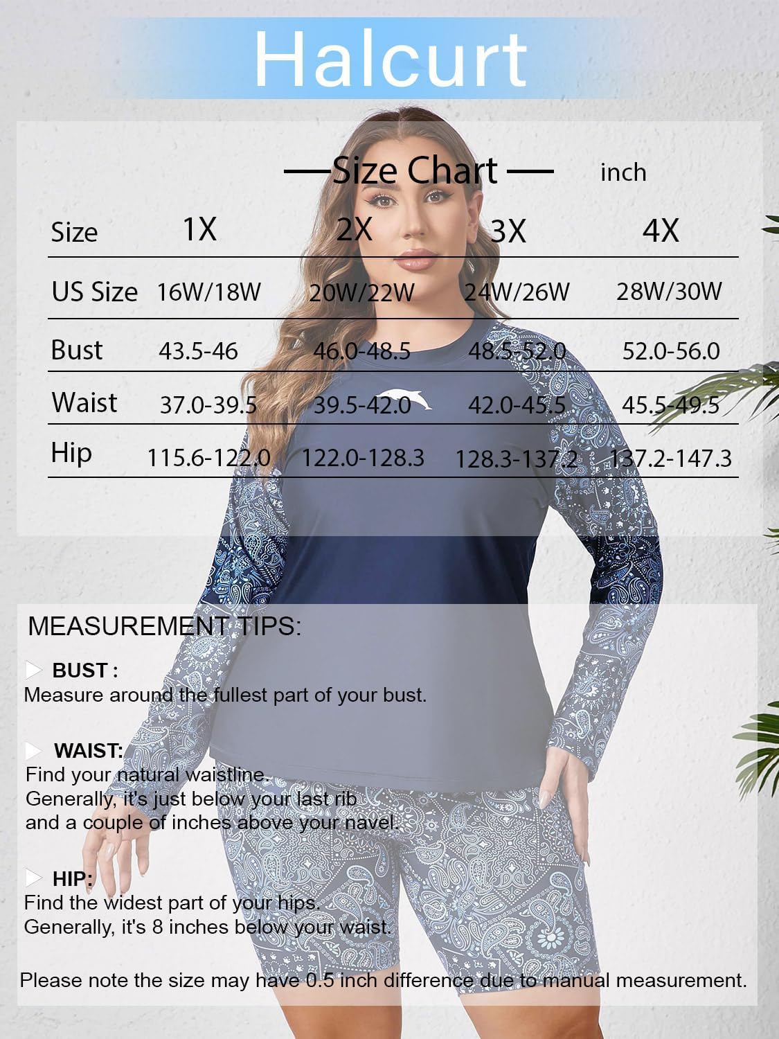 Halcurt Women's Built in Bra Long Sleeve Rash Guard Plus Size 2 Piece Swimsuit Shirt and Shorts