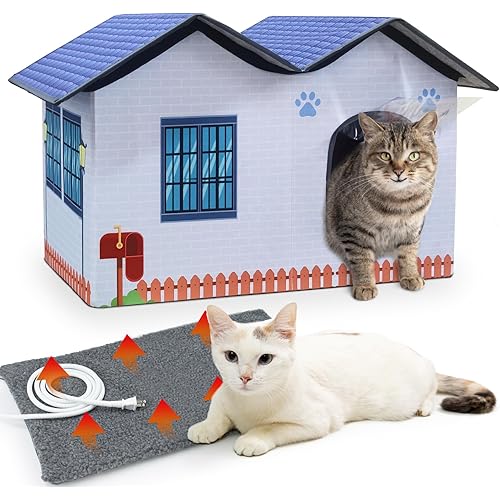 Heated Cat Houses for Indoor/Outdoor Cats with Heated Cat Bed Providing Safe Feral Cats, Easy to Assemble