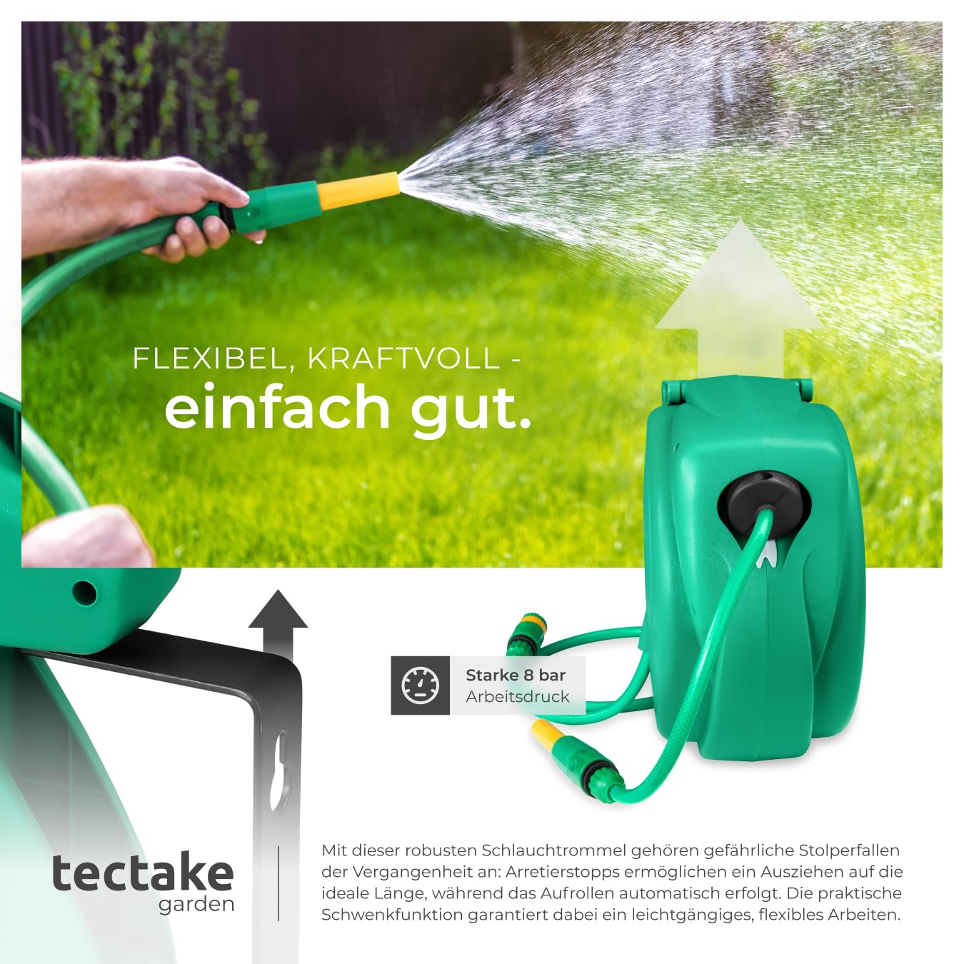 tectake® Schlauchtrommel Wandmontage, Gartenschlauch 1/2 Zoll, Wasserschlauch Aufroller, Schlauch Trommel mit Einzugsautomatik, Schlauchrolle, Wasserschlauchtrommel, Sprühschlauch, Hose Reel
