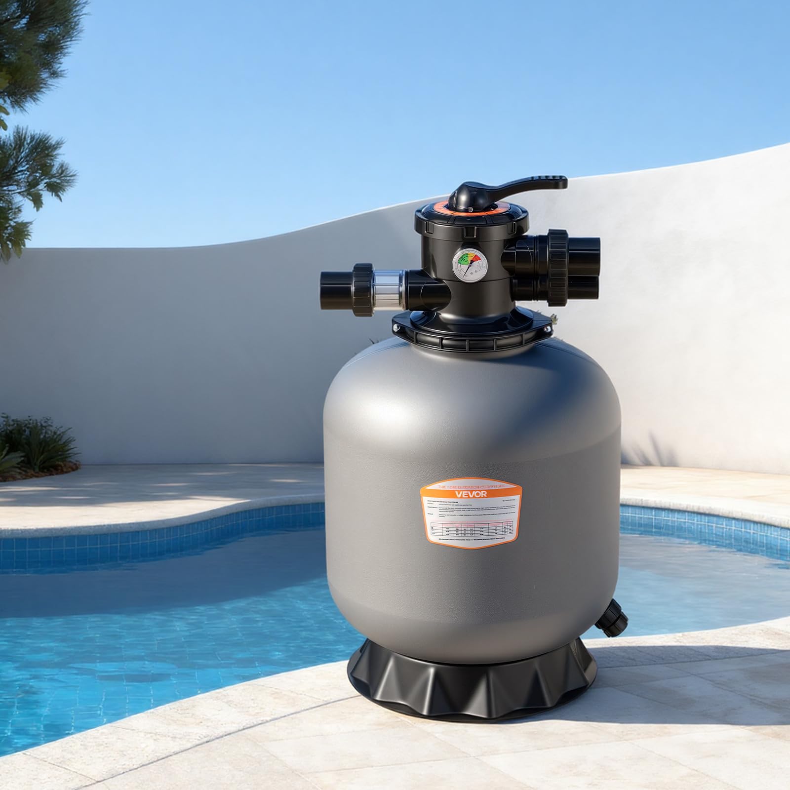 VEVOR Pompa Filtro a Sabbia Sistema di Filtraggio a Sabbia per Piscine Fuori Terra Portata Max. 40 GPM/151,4 LPM, Valvola Multiporta a 7 Vie, Controlavaggio, Risciacquo, Ricircolo, Scarico