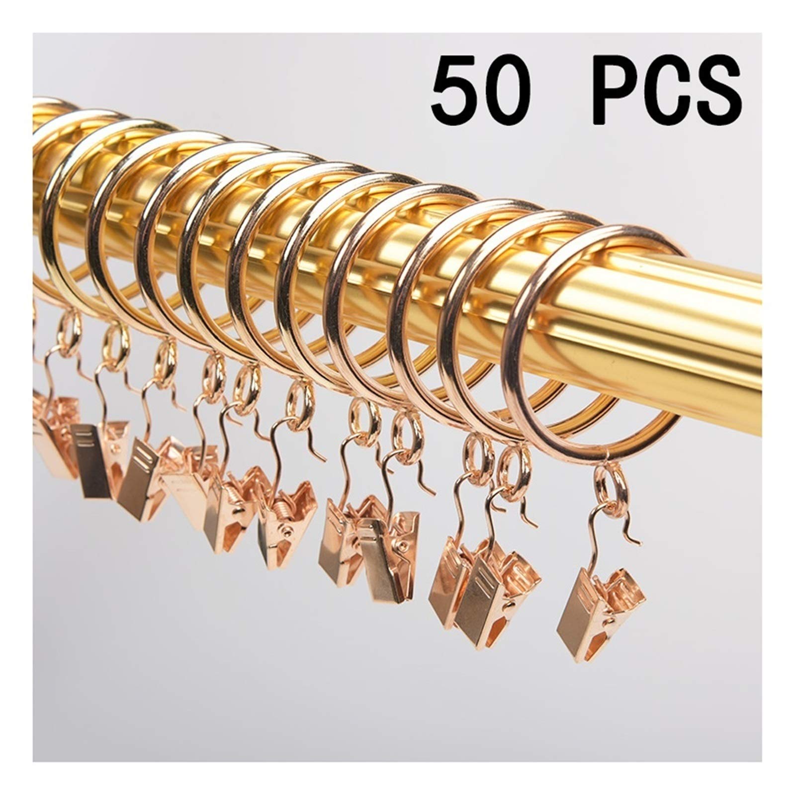 Anelli per Tende 50pcs Anello di Tenda Dorata con Clip, Doccia Anello Perforato, Accessori per Tende, Chiusura a Tenda, Gancio e Ciclo Ganci per Tenda Doccia Anelli