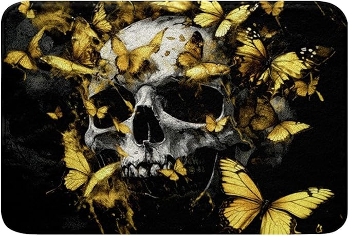 Feelyou Sugar Skull Bathroom Rugs Yellow Butterfly Bath Mats Microfiber Gothic Bathroom Accessories Floor Doormats Non-Slip 16