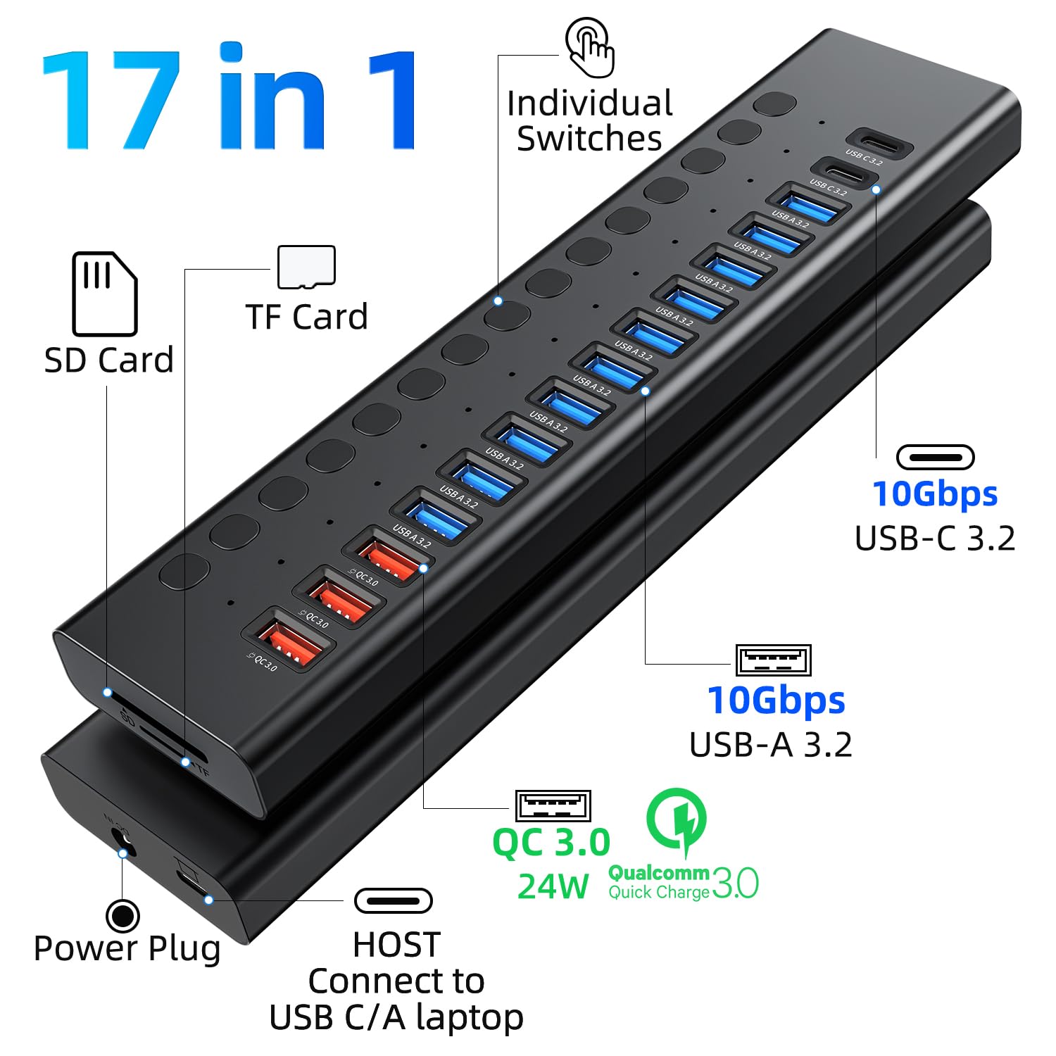 VANGREE Hub USB 3.0 Hub de 17 puertos 90 W (10 puertos USB 3.0 + 3 puertos de carga rápida QC24W + 2 puertos USB-C 3.0 + lector de tarjetas SD/TF), interruptores individuales de encendido/apagado