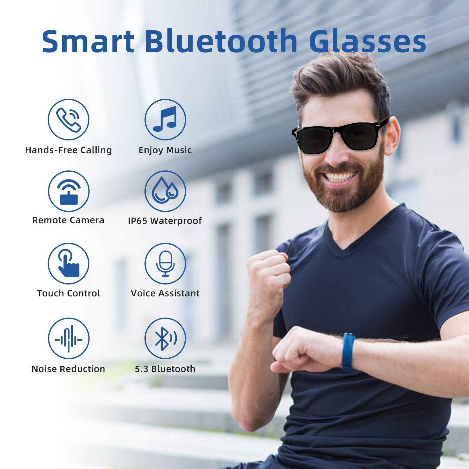 Tulbeys E13 Smart Bluetooth Sunglasses - Voice Assistant, Open Ear, IP65 Waterproof, Hands-Free Mic Speakers, Audio Glasses with UV400 & Magnetic Charging for Men Women