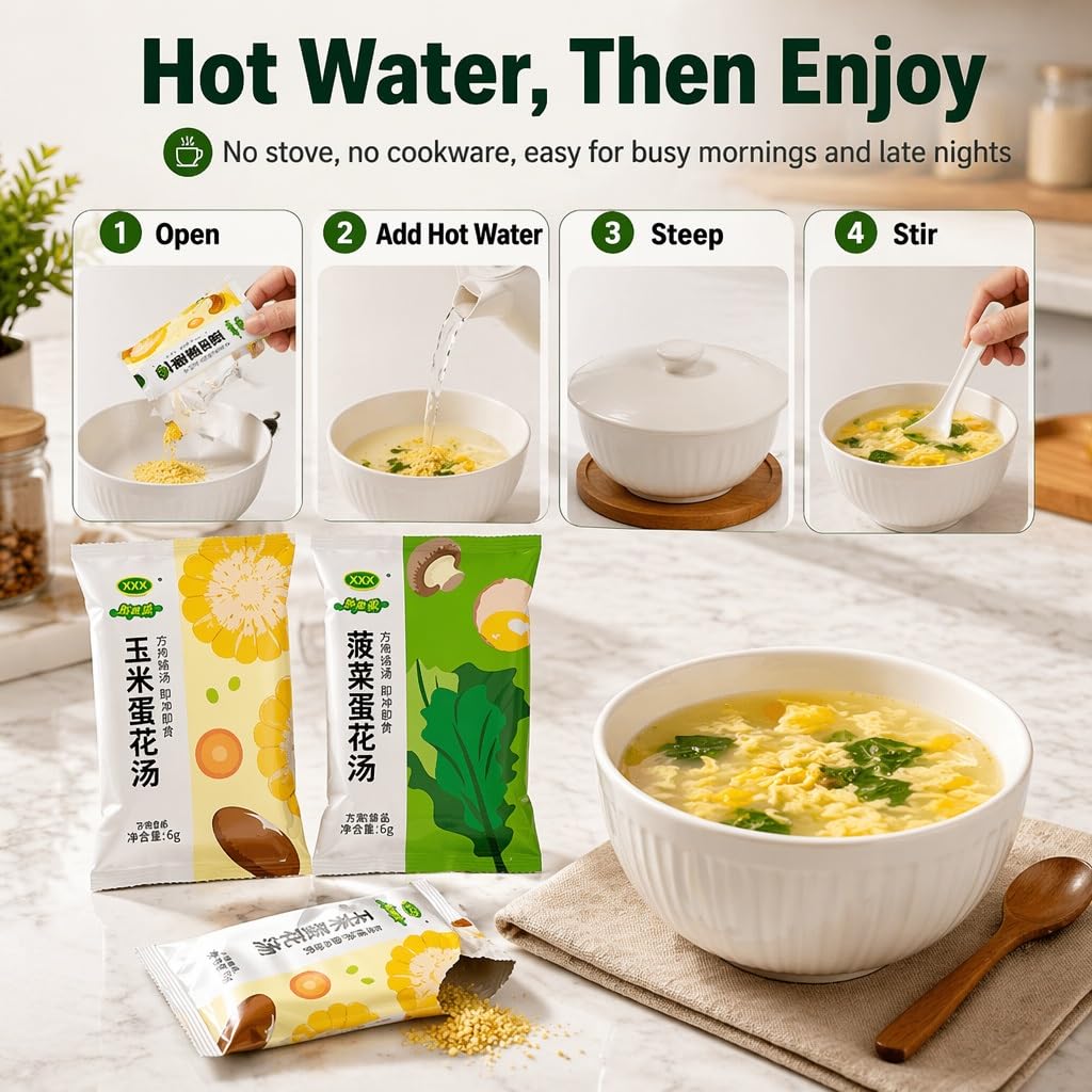 Mezcla De Sopa Instantánea 7 Sabores, 35 Paquetes Huevo Verduras Liofilizadas, Preparación Rápida 30 Segundos For Desayuno, Merienda Y Viajes