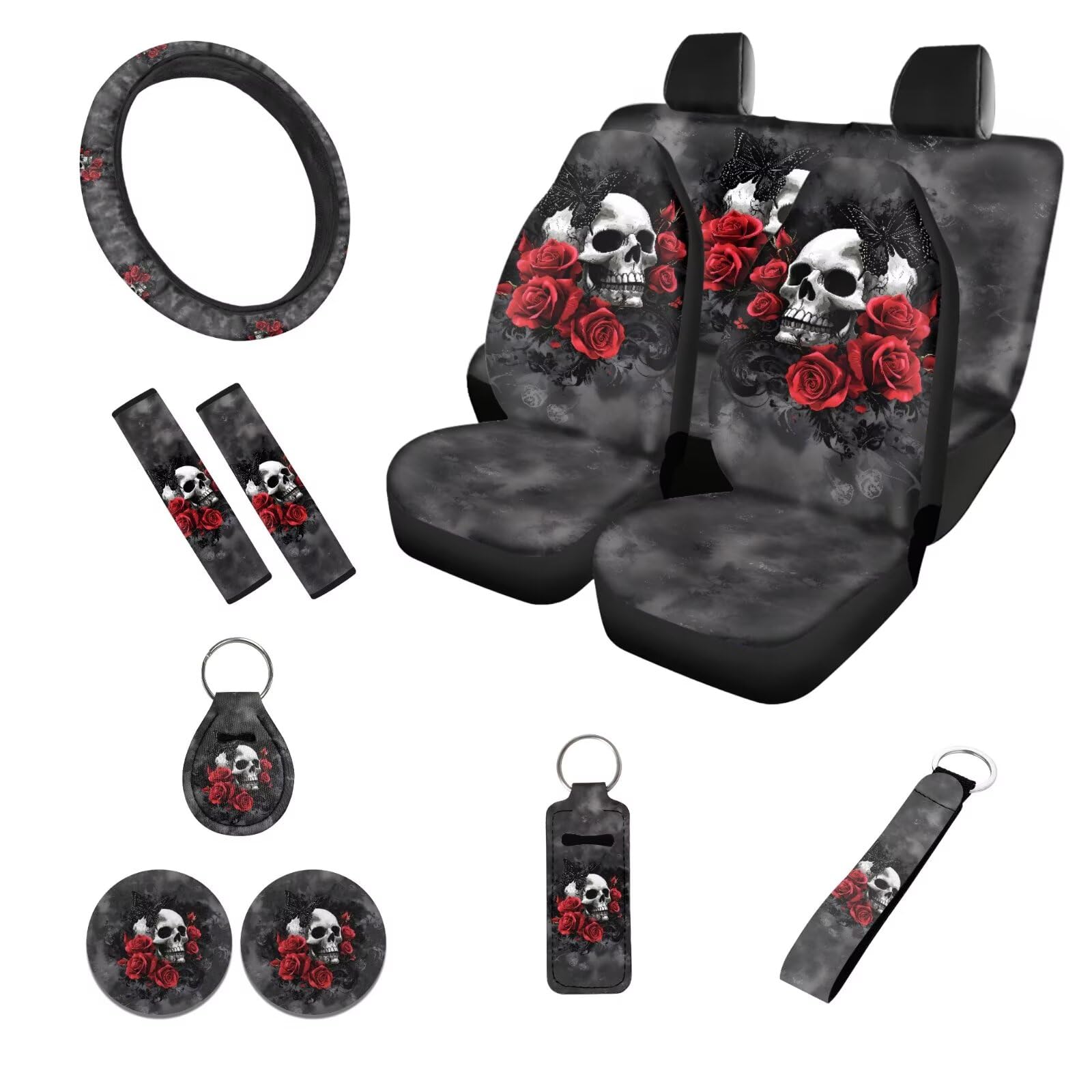 Jndtueit Gothic Skull Butterfly Rose Black Tie Dye Car Seat Covers Full Set Auto Seat Belt Cushions Shoulder Pad Cup Holder Coaster Lipstick Holder