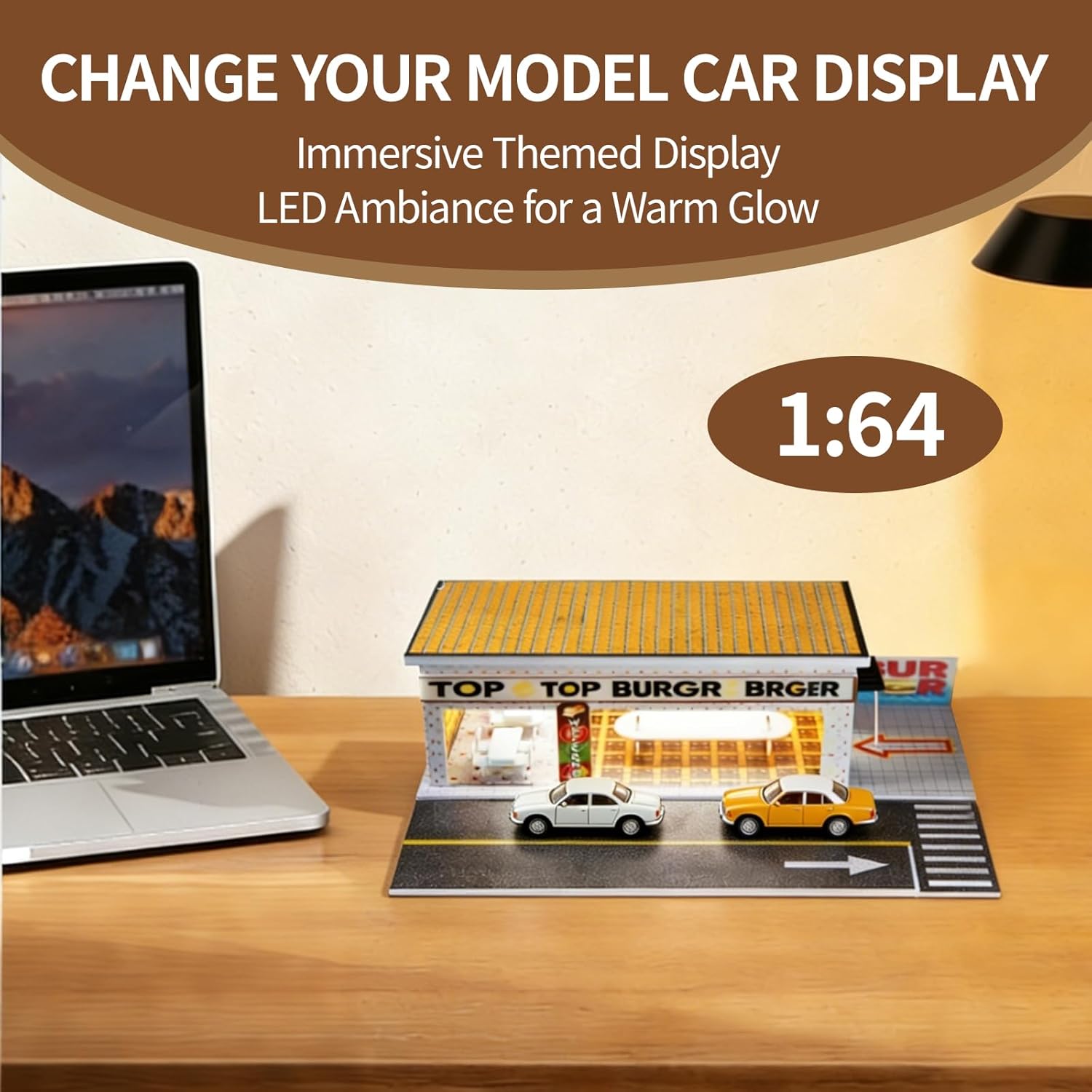 1/64 Model Car Display Shop Case for Adults, Premium in-House-Design Scale Diecast Parking Garage for Toy Cars, Toys Car Garage, Scenic Diorama Display Car Park with ith LED Lamps, Gifts for Men