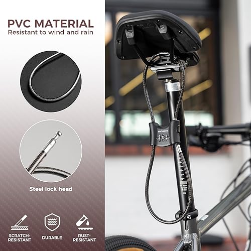 Miniatura 2 de ROCKBROS Candado de bicicleta (2.2 ft2.2 pies), bloqueo de cable de combinación de 3 dígitos reiniciable, para motocicleta, bicicleta de carretera