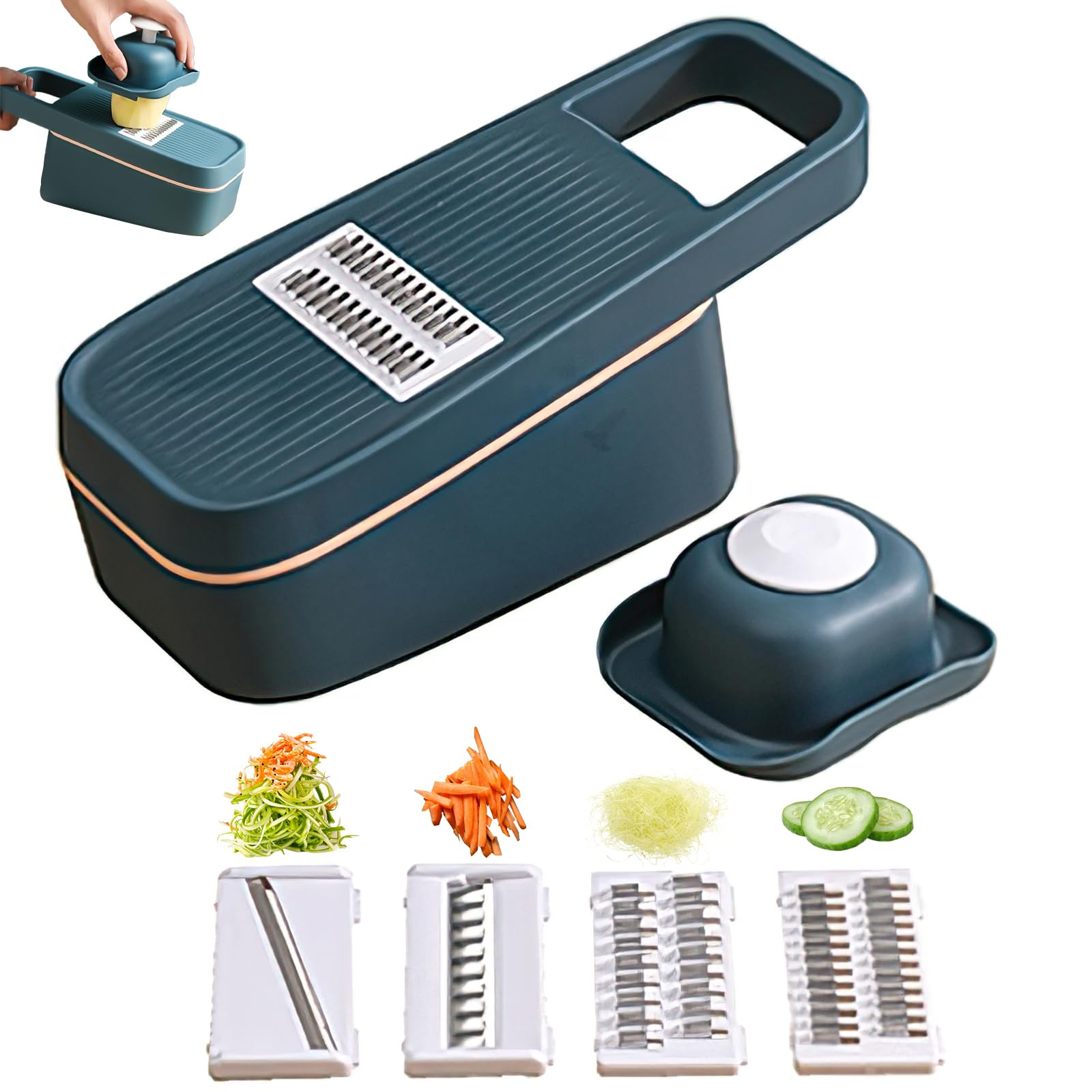 Rallador y rebanador multifuncional 4 en 1, cuchillas de acero inoxidable 304, con recipiente de almacenamiento de alimentos y protector de manos, perfecto para rallar y cortar varios ingredientes